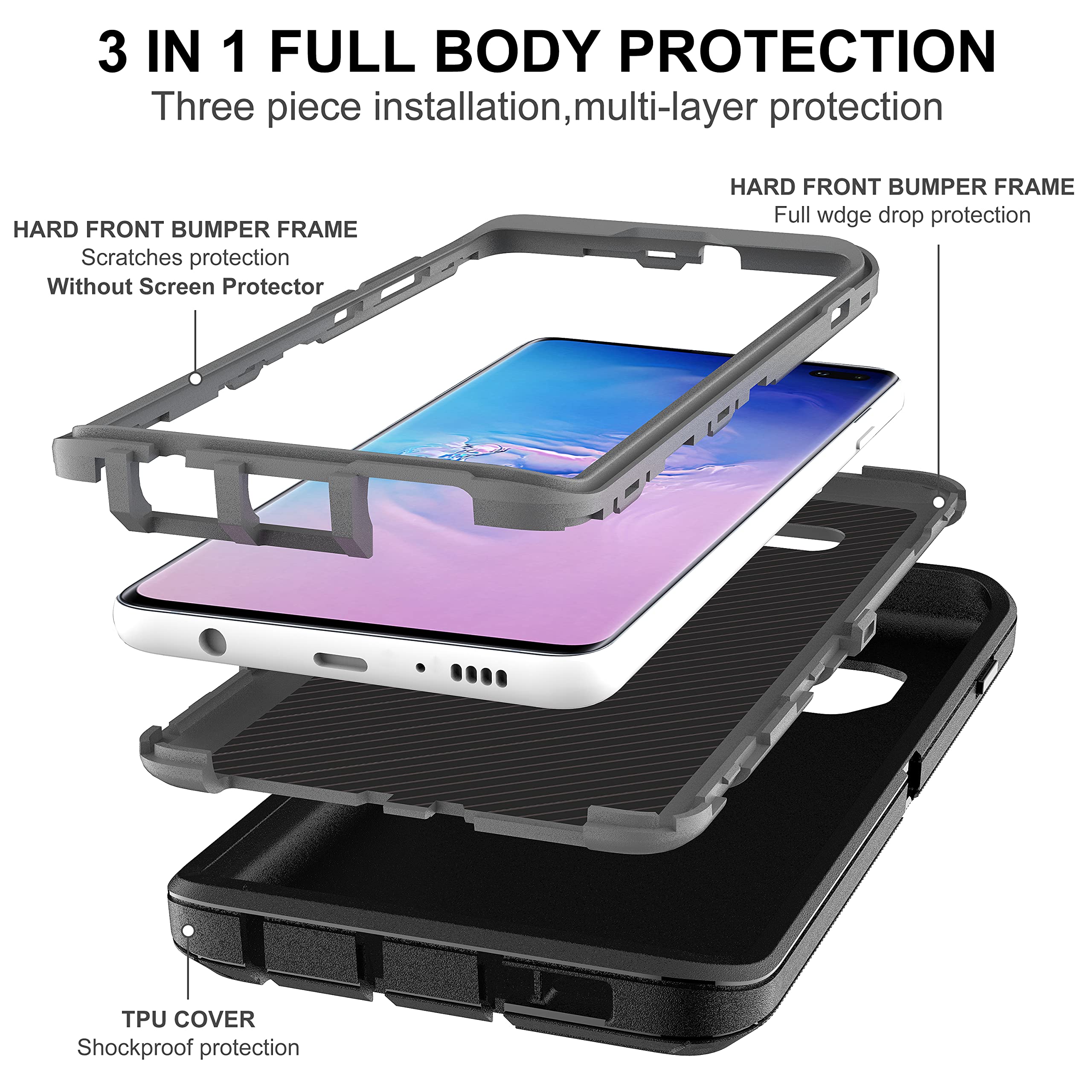 Hong Amy For Samsung Galaxy S10 Case, Galaxy S10 Case With Self Healing Flexible Tpu Screen Protector [2 Pack], 3 In 1 Full Body