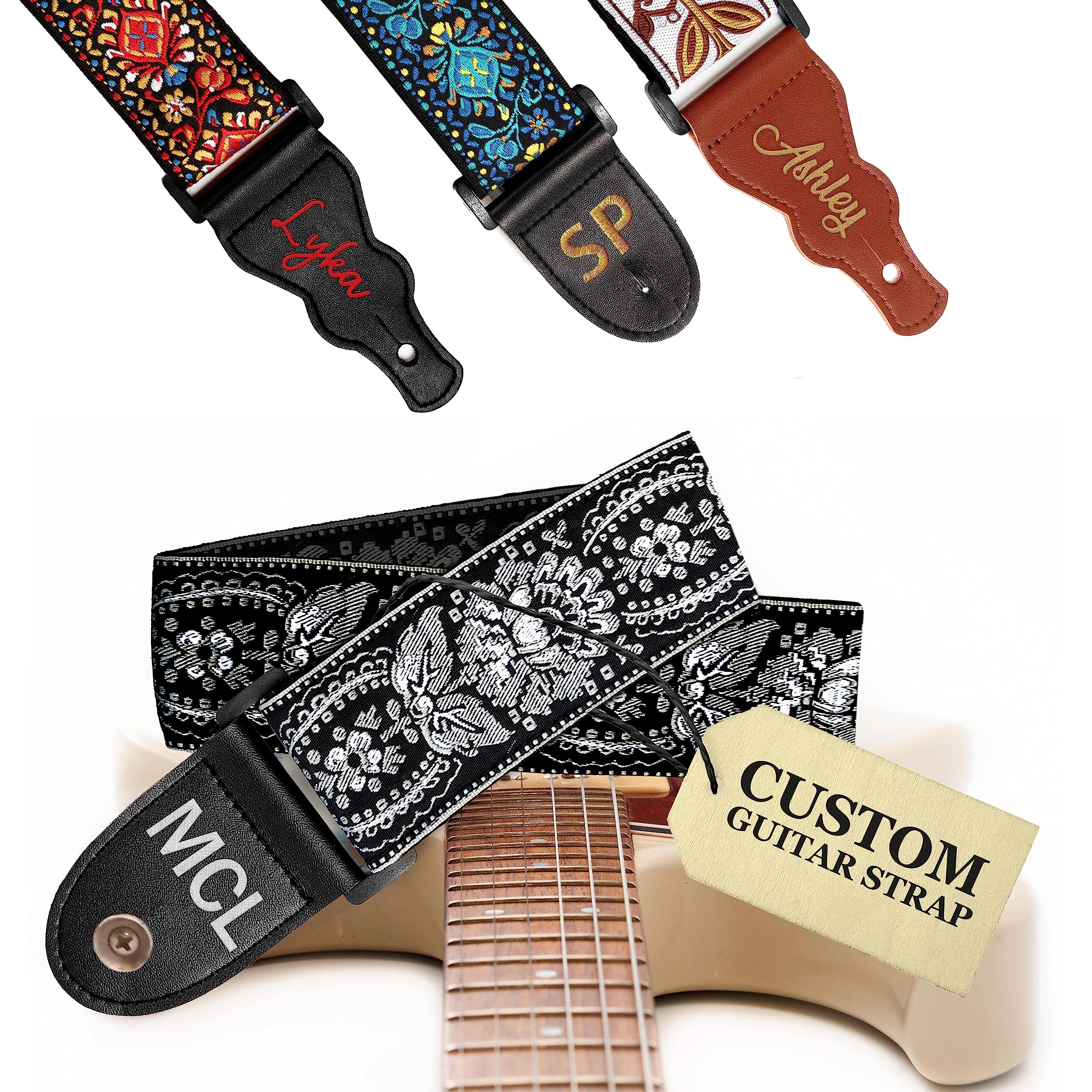 Art Tribute Personalized Guitar Strap Black Silver Classic Woven, including - 2 Picks + Locks + Secure Button. Add Your Text and