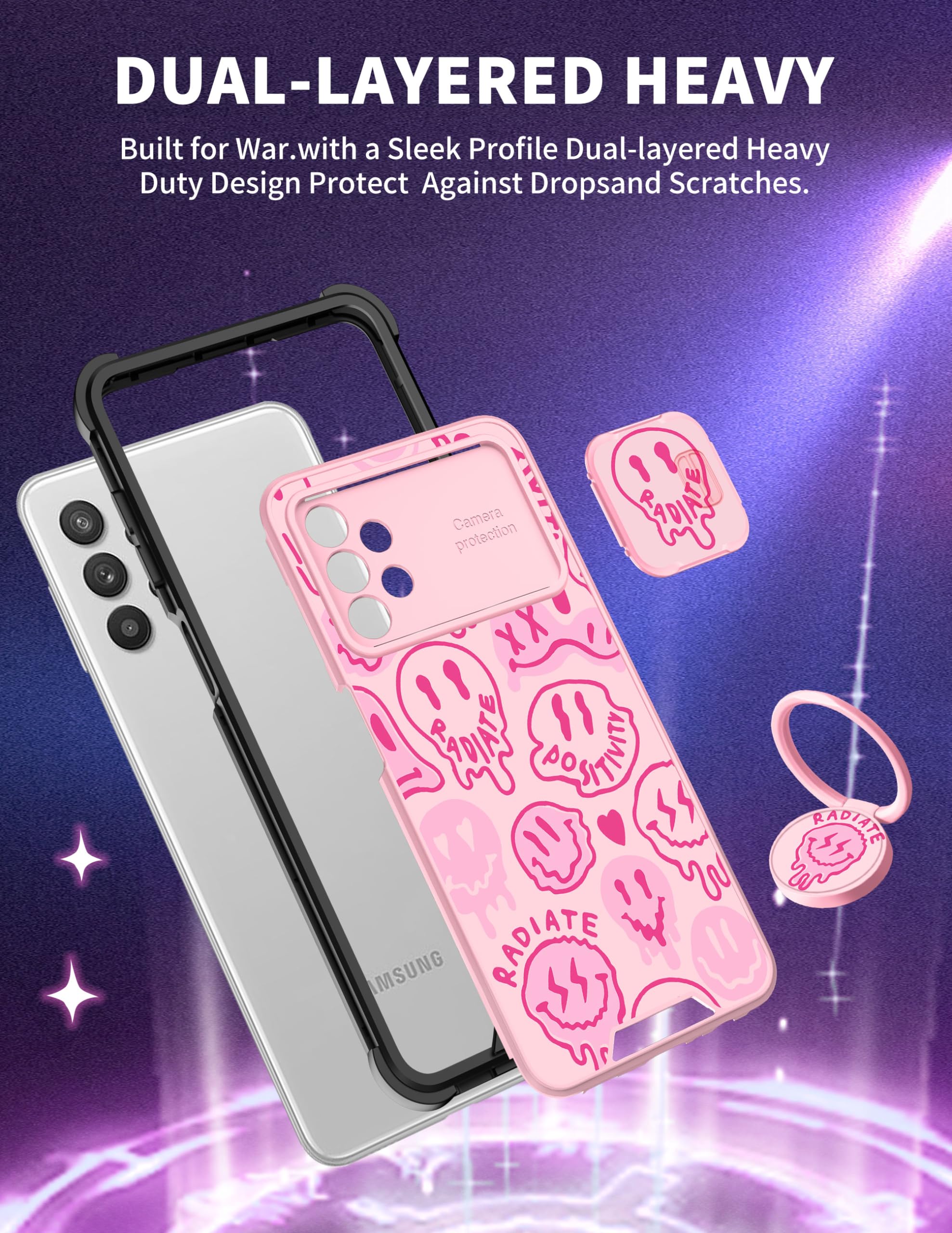 Goocrux (2In1 For Samsung Galaxy A32 5G Case Smile Face Cute Women Girls Phone Cover Smile Design With Slide Camera Cover+Ring H