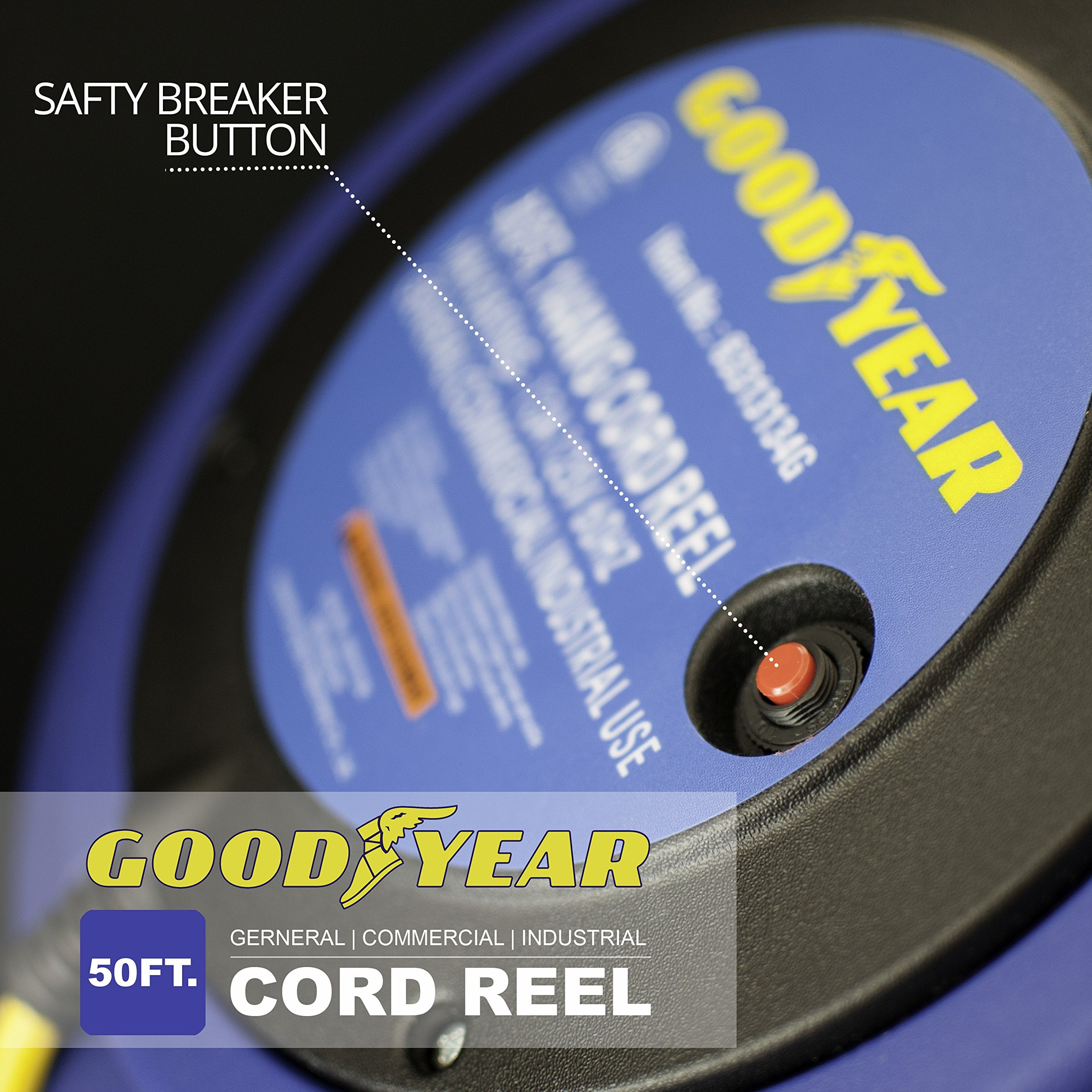 Goodyear Extension Cord Reel Retractable 16Awg X 50' Foot 3C/Sjtow Commercial Cable Led Triple Tap Connector Power 10A 125Vac 93