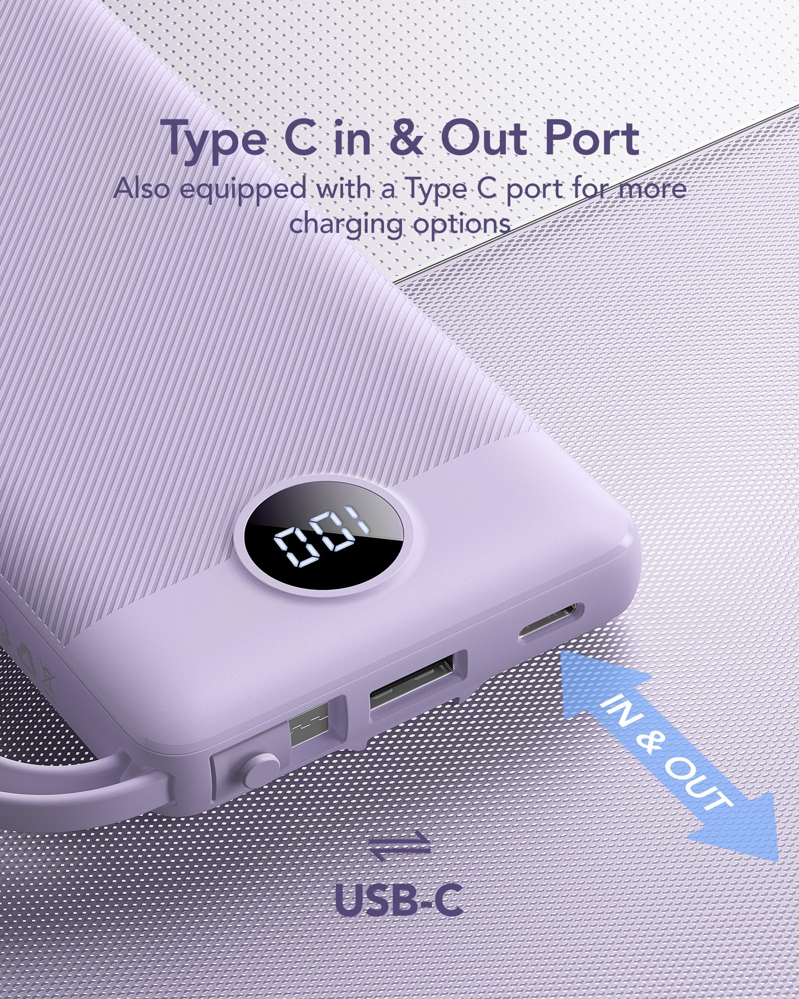 Vrurc Portable Charger Power Bank, 10000Mah Travel Essentials Battery Pack, 5 Outputs 2 Inputs Slim Charging Bank Built-In Cable