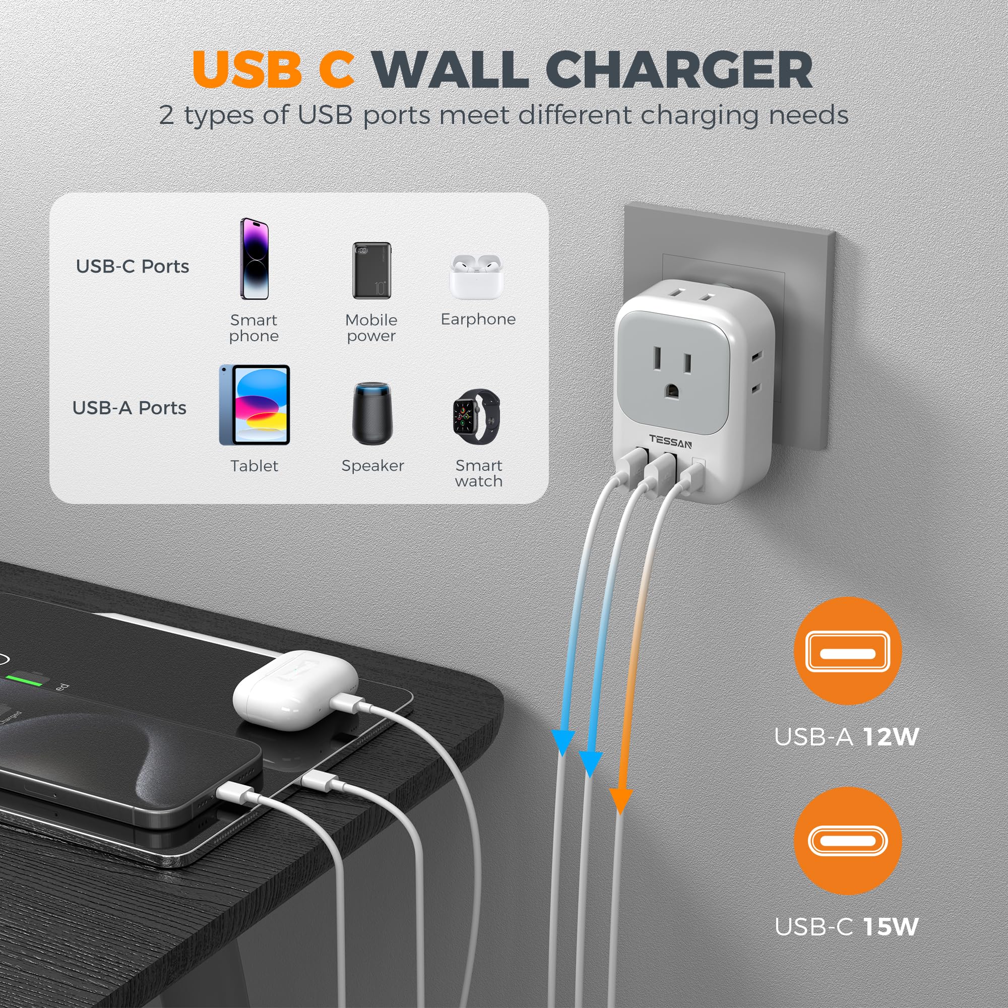 South Africa Plug Adapter 2 Pack, Tessan Type M Power Adapter With 4 Ac Outlets 3 Usb Ports(1 Usb C), Adaptor Us To Botswana Nam