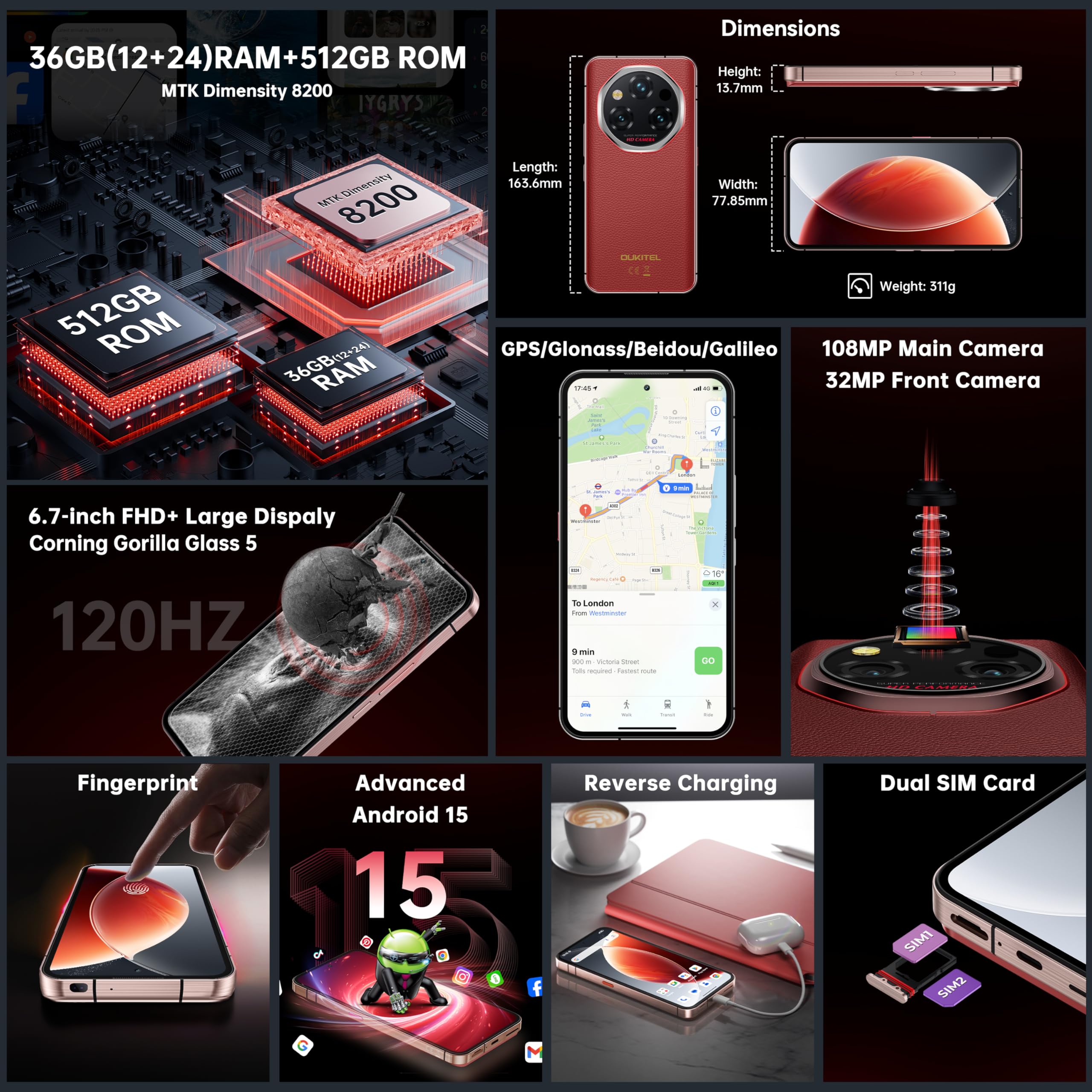 Oukitel Wp210 Rugged Smartphone 5G - Android 15 Cell Phone, 36Gb+512Gb, 6.7 Fhd+ Amoled, Mtk Dimensity 8200, 8800Mah Battery Rug