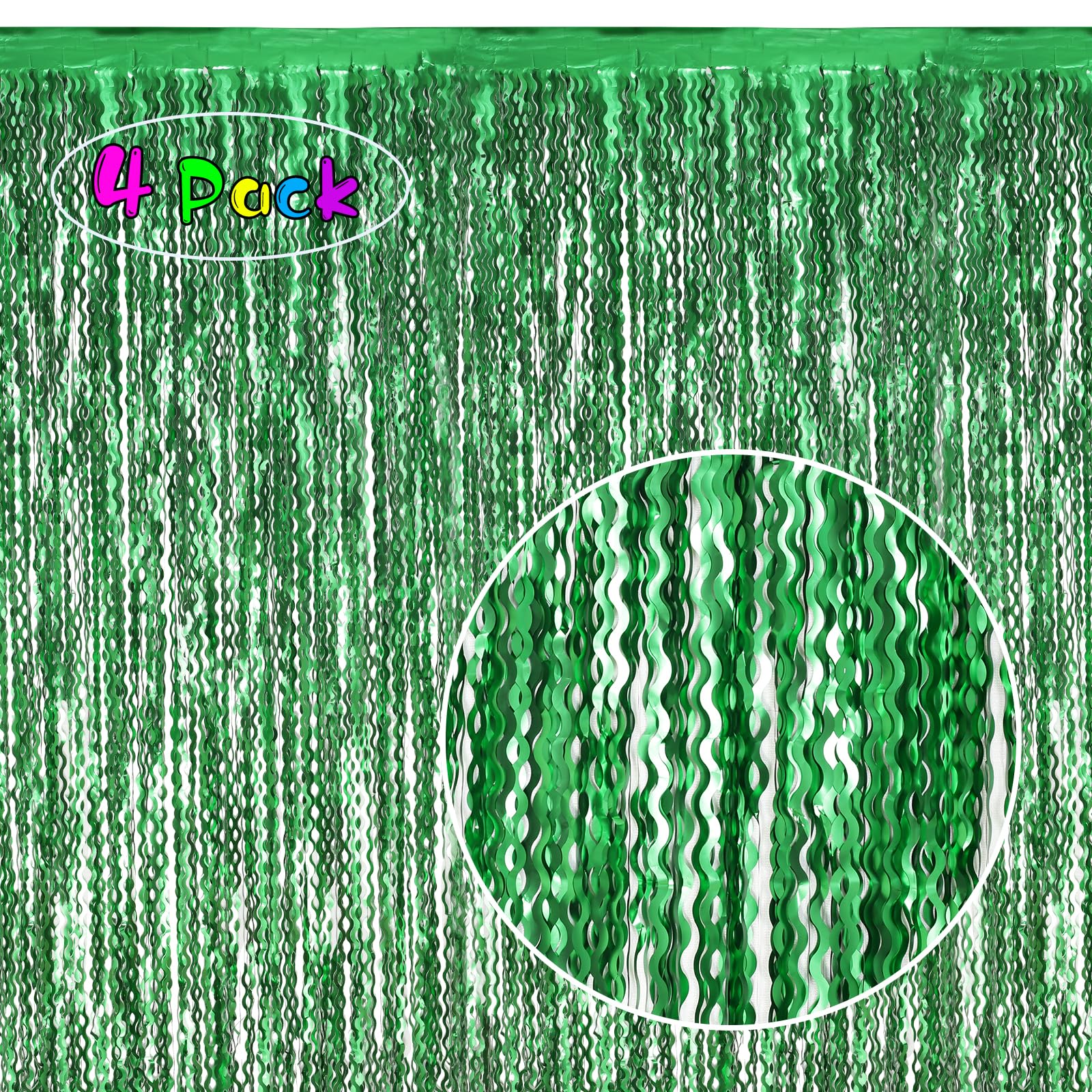 4Pcs Wavy Green Fringe Backdrop  3.3X6.6Ft Green Streamer Foil Curtains For Jungle Party Decorations | St Patricks Day Decoratio