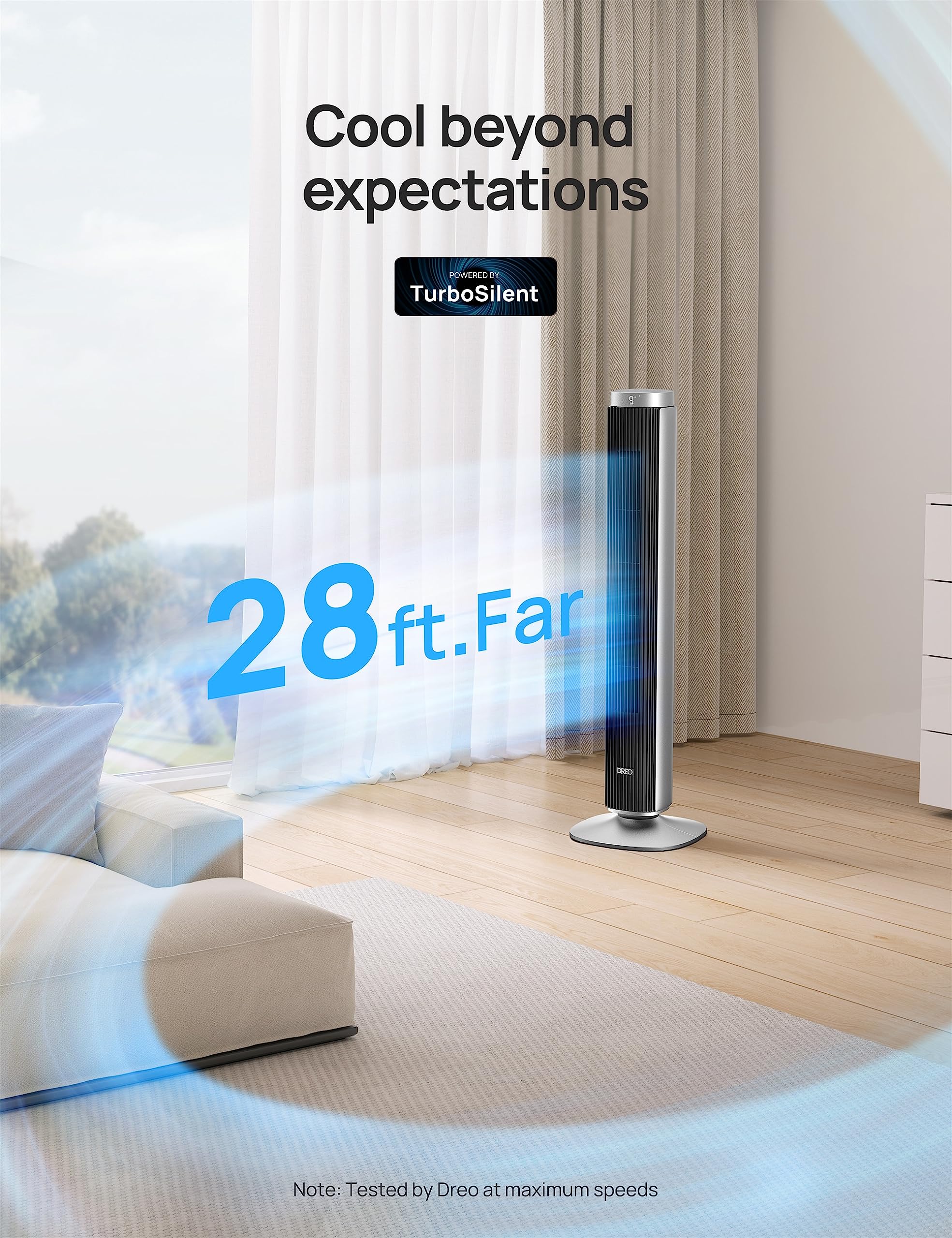 Dreo Tower Fan For Bedroom, Smart Bladeless Fan With 12 Speeds 4 Modes Dc Motor, 27Ft/S Velocity, 90 Oscillating, 12H Timer, 42'