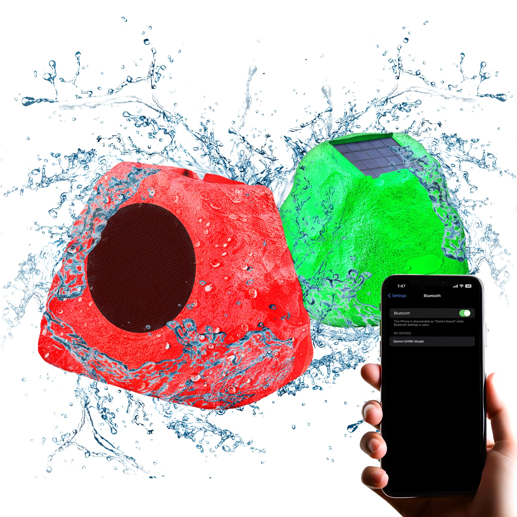 Gemini Sound Ghrk 500Ltms Pr: Portable Solar Powered Bluetooth Rock Speakers Pair With Multi Link, Weather Resistant Design For Outdoor Entertainment, Wireless Connectivity, And Ambient Led Lighting