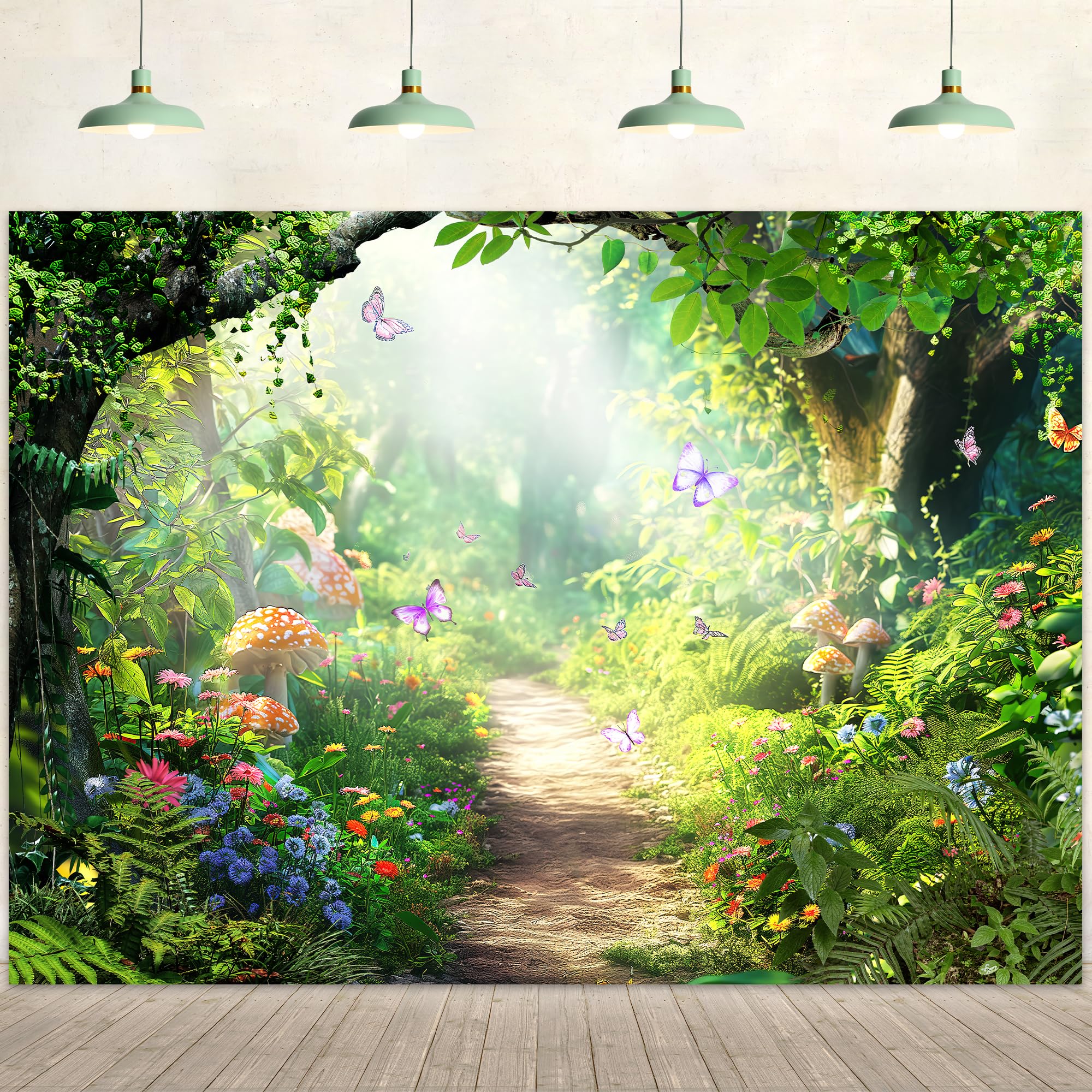 Imirell Fairy Backdrop 7Wx5H Feet Enchanted Woodland Tale Green Spring Butterfly Flower Mushroom Tree Plant Leaves Polyester Fab