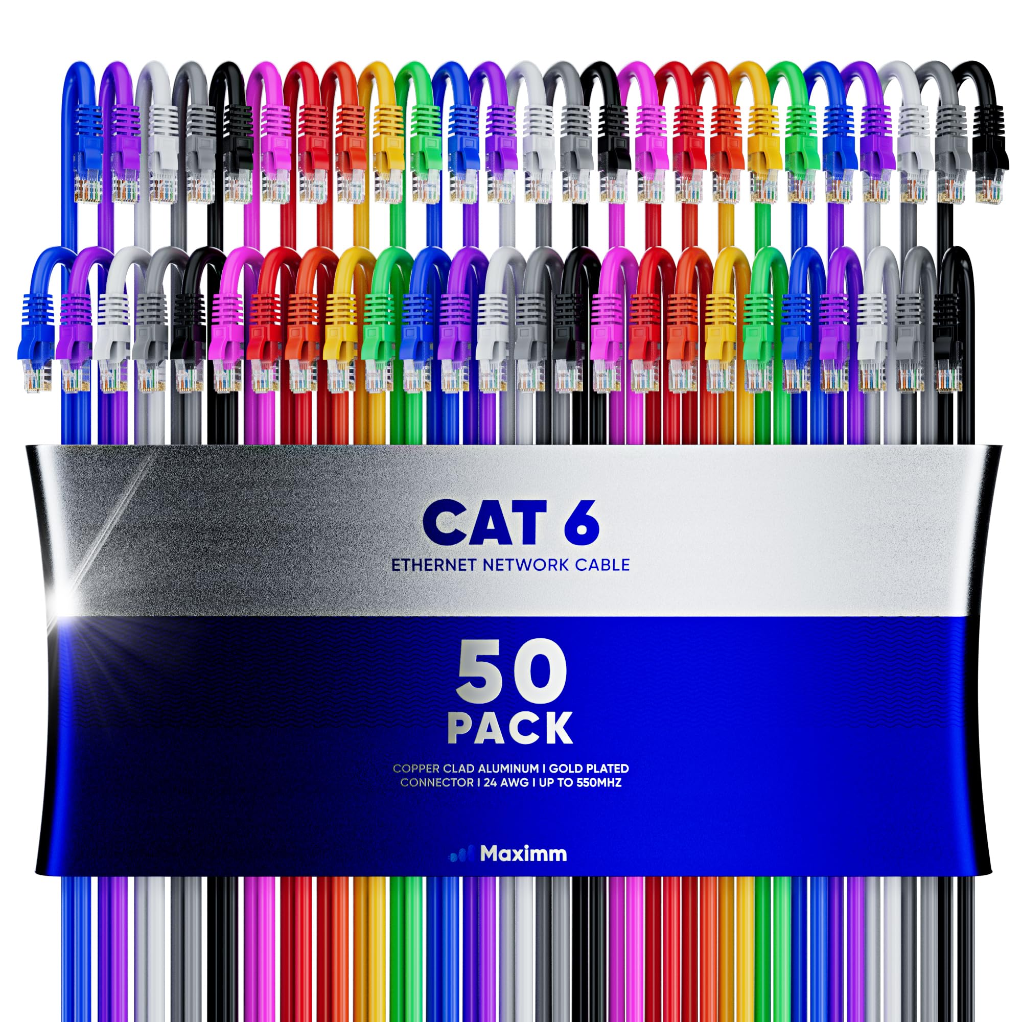 Maximm Cat 6 Ethernet Cable 0.6 Ft (50 Pack)   High Speed Lan Cable, Internet Cable, Patch Cable, And Network Cable   Utp, 10Gbps, 550Mhz Ethernet Cord   Multicolor
