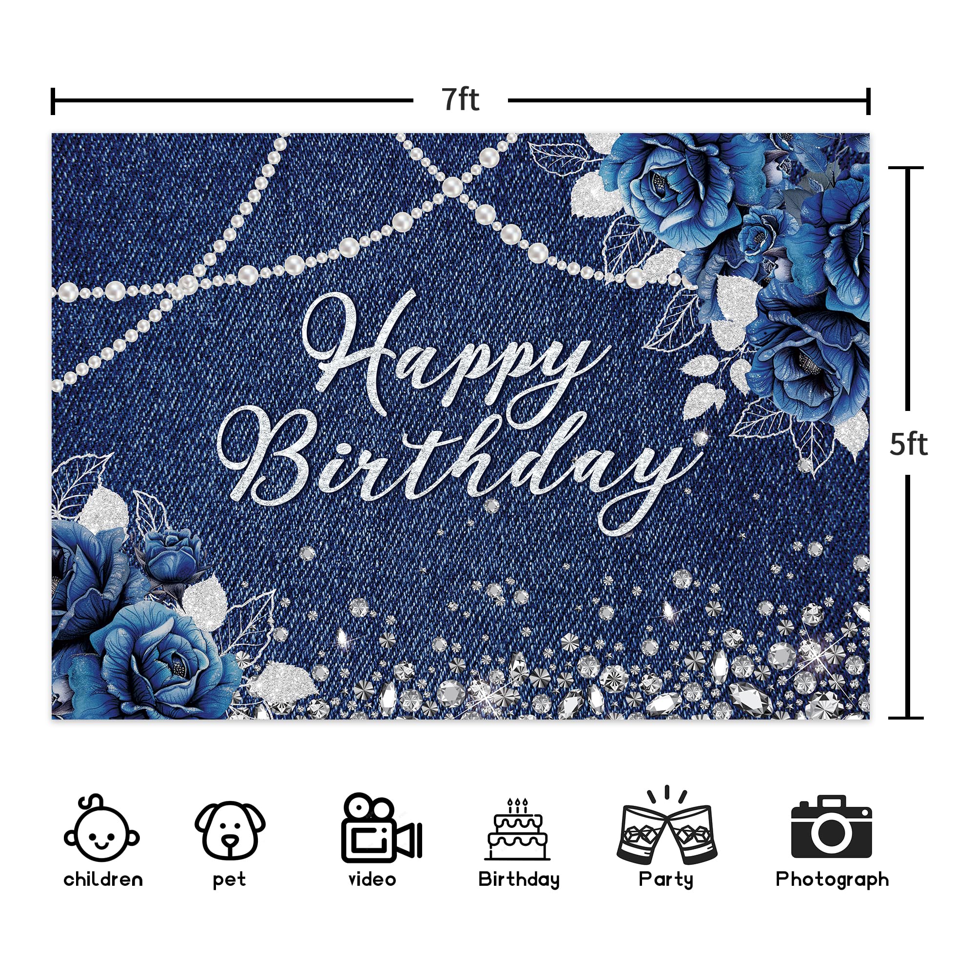 Ufeela Denim Diamonds Birthday Backdrop 7Wx5H Feet Fabric Polyester Navy Blue Silver Floral Rose Modern Luxury Sparkle Shining P