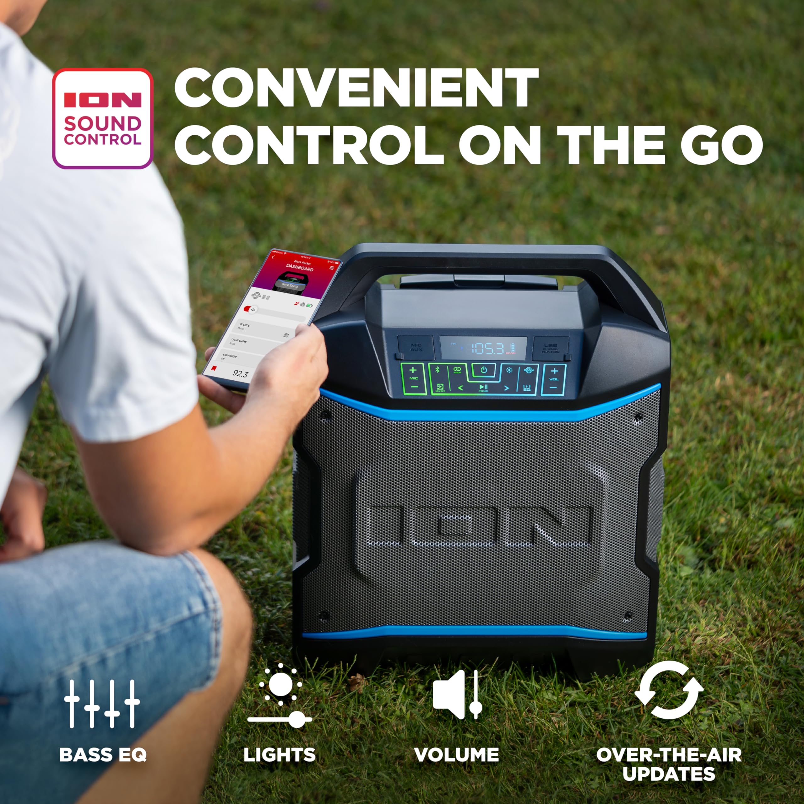 Ion Block Rocker   Portable Bluetooth Outdoor Party Speaker With Karaoke Microphone, Battery, 4 Speakers, Radio, Usb Port, App,