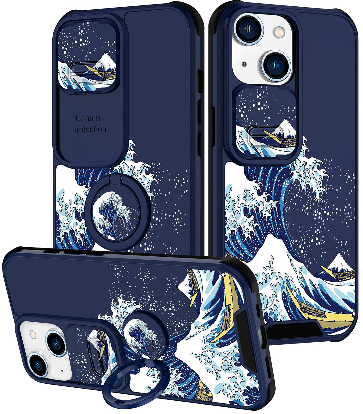 Goocrux (2In1 For Iphone 13 Case Waves For Women Girls Cute Phone Cover Fashion Great Wave Pattern Design With Slide Camera Cove