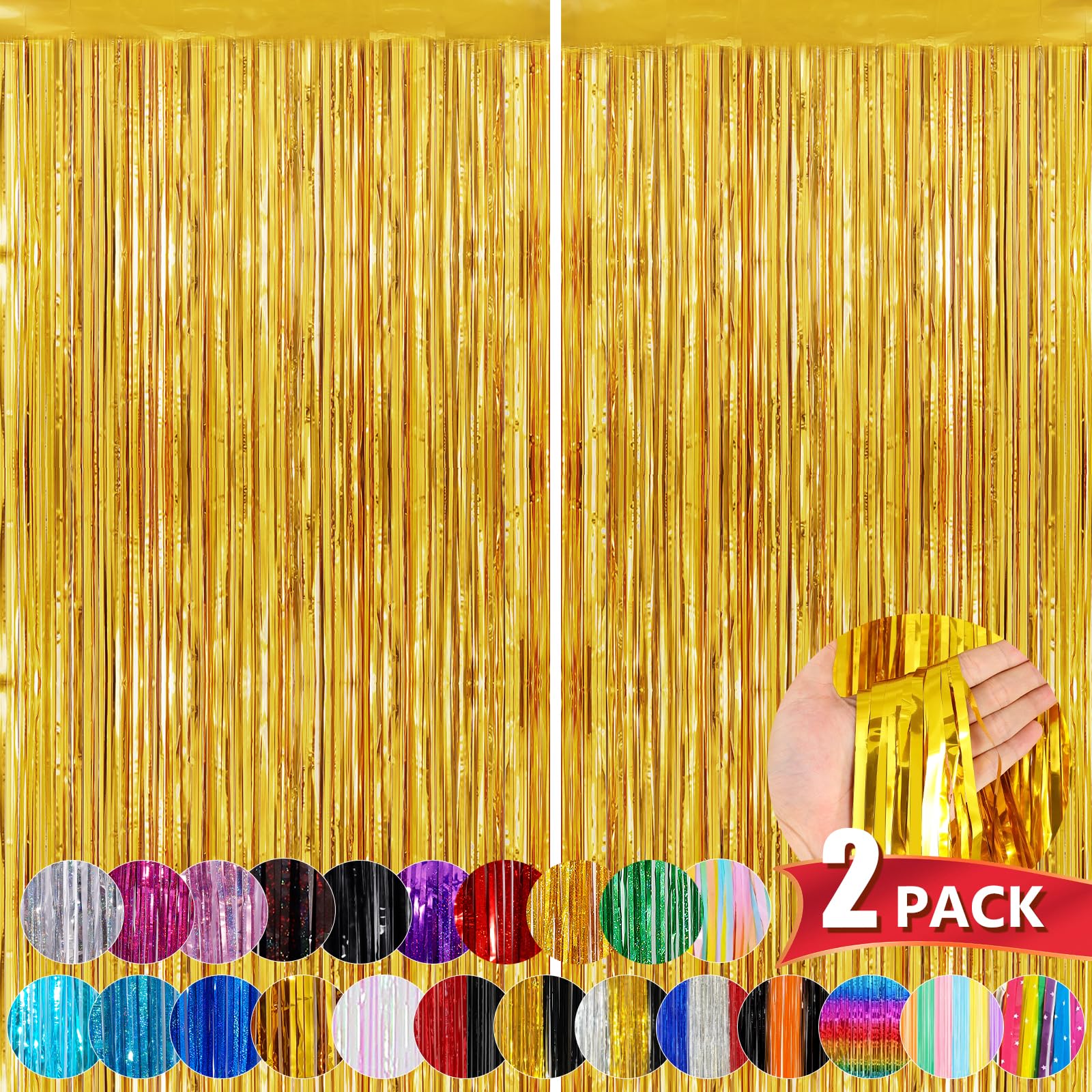 Gold Metallic Tinsel Foil Fringe Curtains, 2 Pack 3.3X8.3 Feet Party Streamer Curtains For Birthday Party Decorations, Halloween