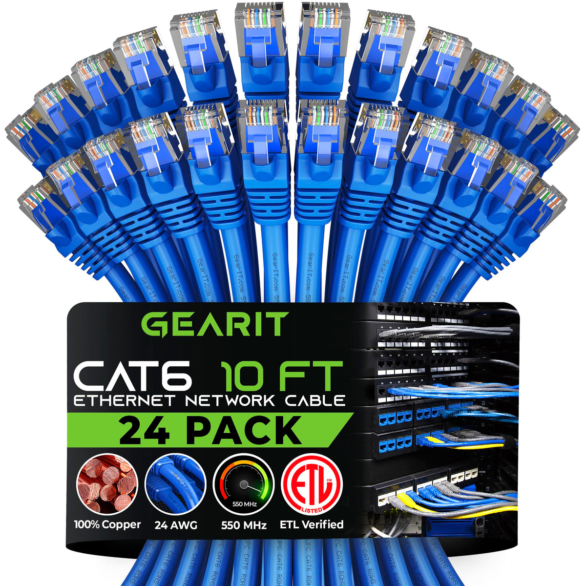 Gearit 24 Pack, Cat 6 Ethernet Cable Cat6 Snagless Patch 10 Feet   Snagless Rj45 Computer Lan Network Cord, Blue   Compatible Wi