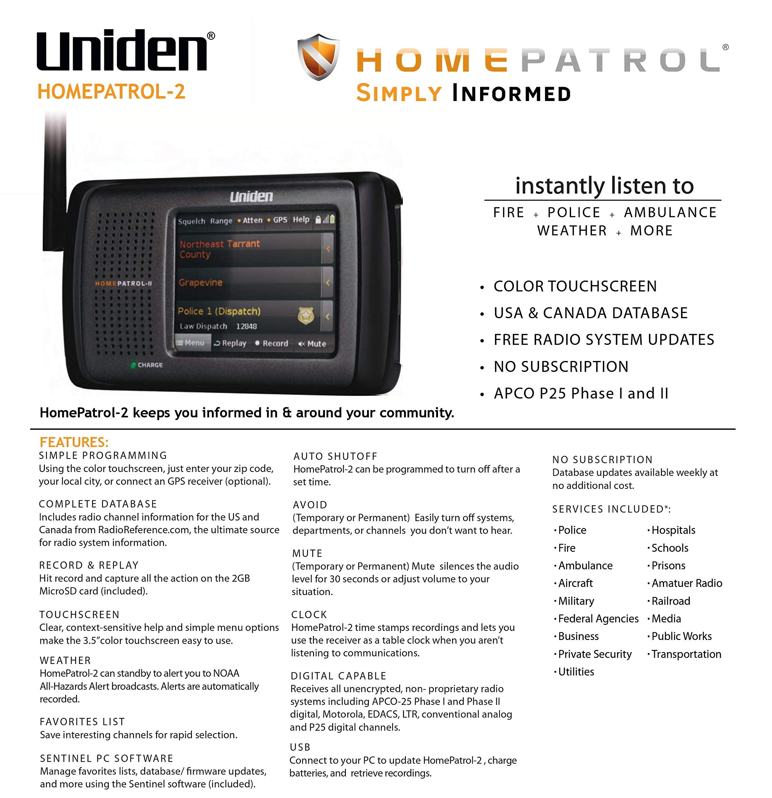 Uniden Homepatrol 2 Color Touchscreen Scanner With Trunktracker V/S/A/M/E, Apco P25, Emergency Alerts   Covers Usa And Canada