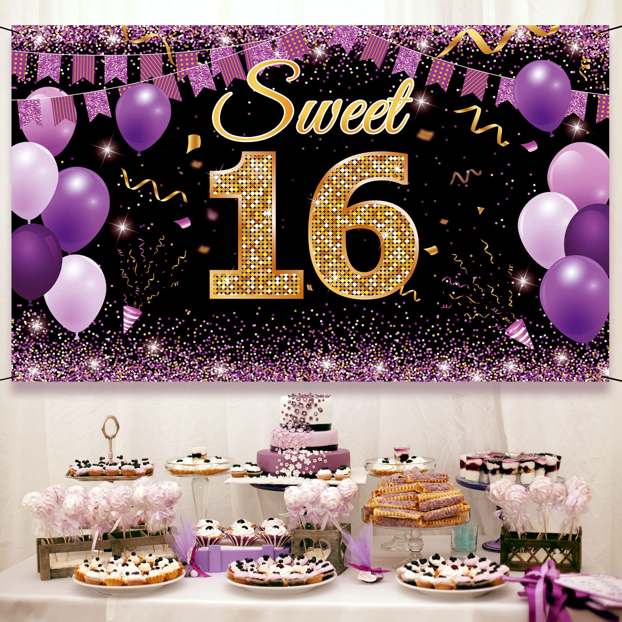 Sweet 16 Birthday Decorations Backdrop Banner, Happy 16Th Birthday Decorations For Girls, Gold Purple Sweet Sixteen Party Decora