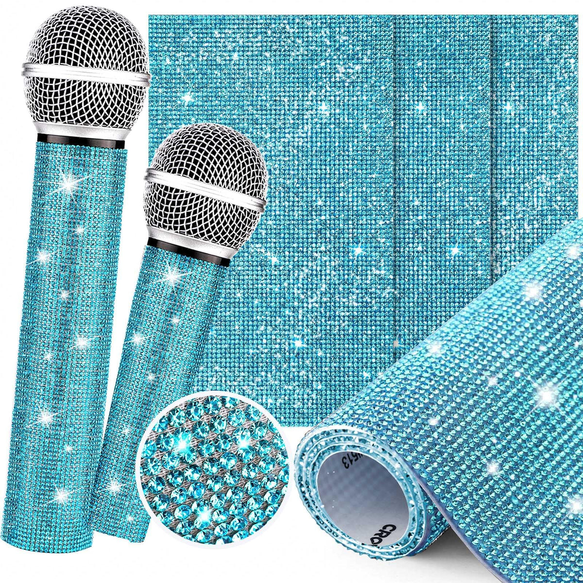 Facmogu 3Pcs Sparkly Glitter Bedazzled Mic Stickers, Microphone Handle Cover Stickers For Mic Diy, Bling Rhinestone Sheets Self