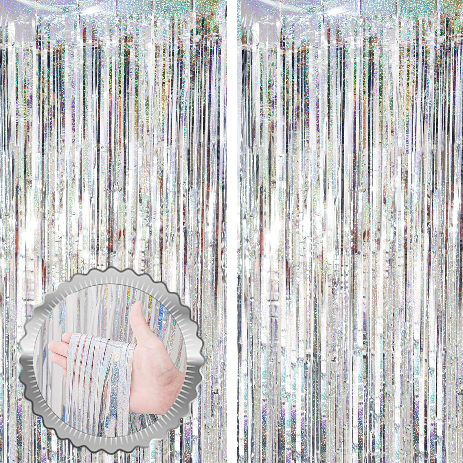 Voircoloria 2 Pack Laser Silver Tinsel Foil Fringe Curtains, Silver Party Decorations, Metallic Tinsel Party Streamers Backdrop