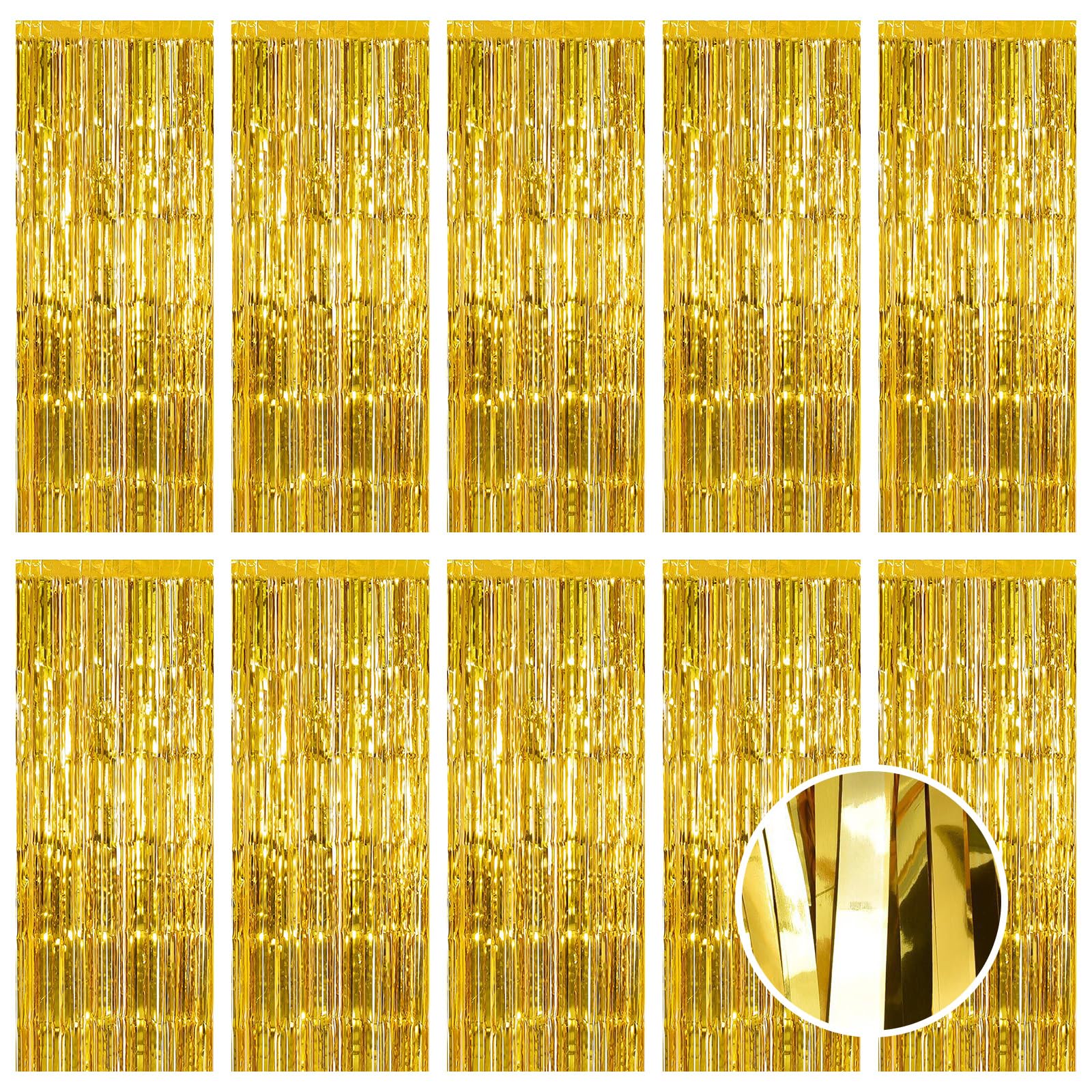 10 Pack Gold Foil Curtain Backdrop 3.2Ft X 9.8Ft Gold Metallic Tinsel Foil Fringe Curtains Streamer Photo Booth Backdrop For Bir