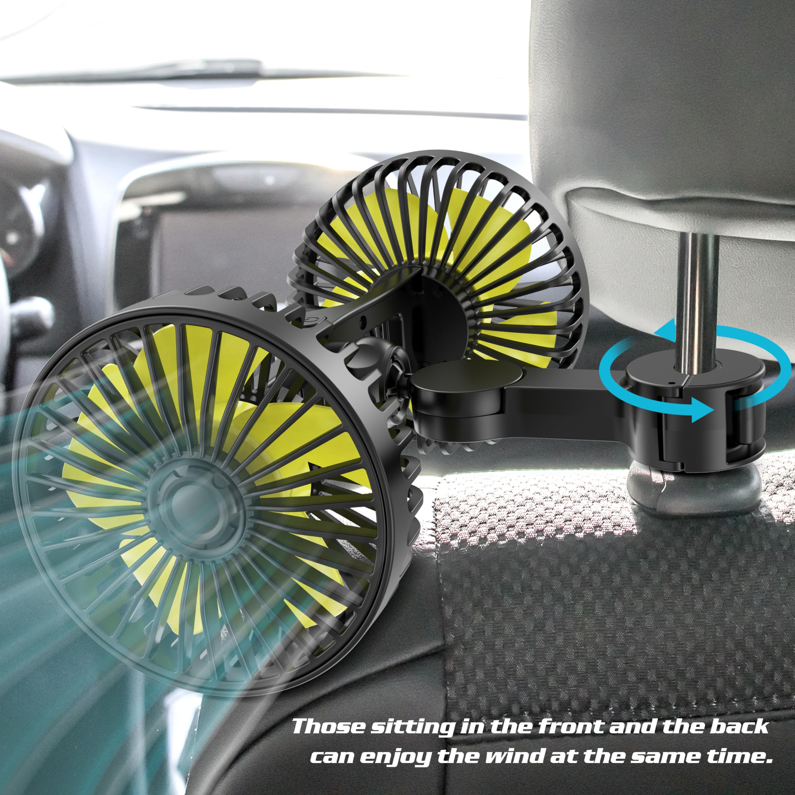 Wowok Car Fan For Rear Seat Passenger Dual Head Usb Car Seat Fan For Backseat Kids, 360 Rotatable 3 Speeds Air Circulation Fan F