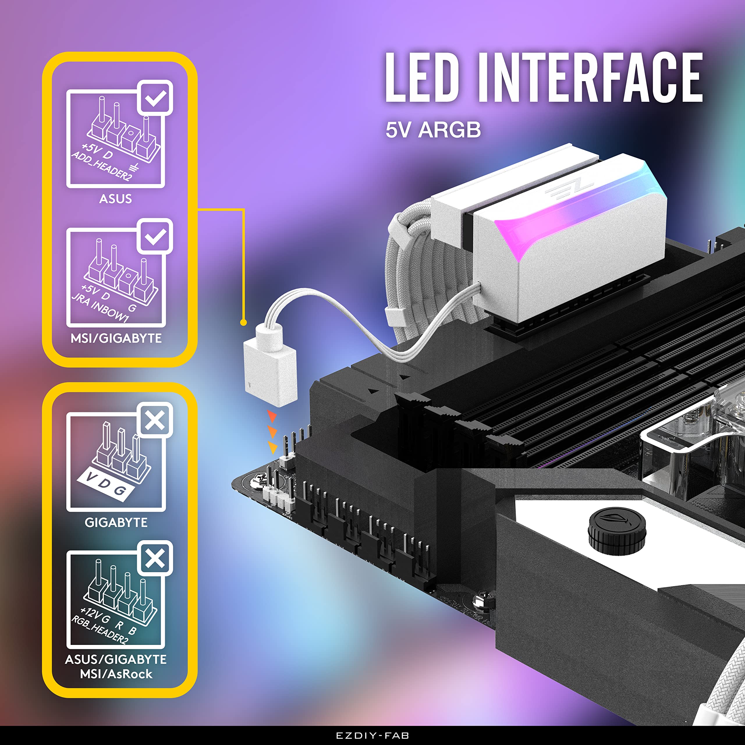 Ezdiy Fab Atx 24 Pin 90 Degree Power Connector Adapter 5V 3 Pin Argb Rainbow Female To Male Power Adapter For Computer Motherboa
