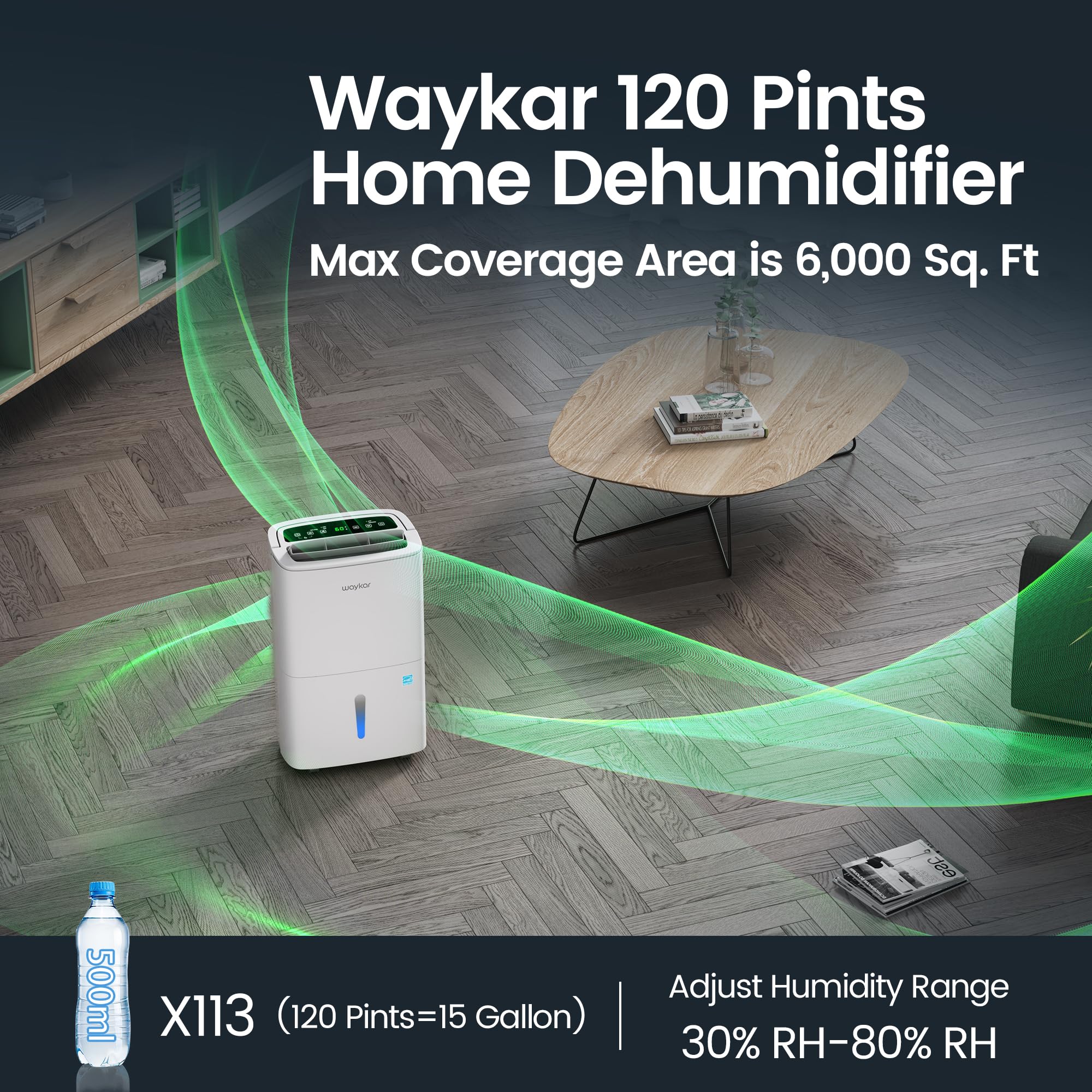Waykar 120 Pints Energy Star Home Dehumidifier For Spaces Up To 6,000 Sq. Ft At Home, In Basements And Large Rooms With Drain Ho