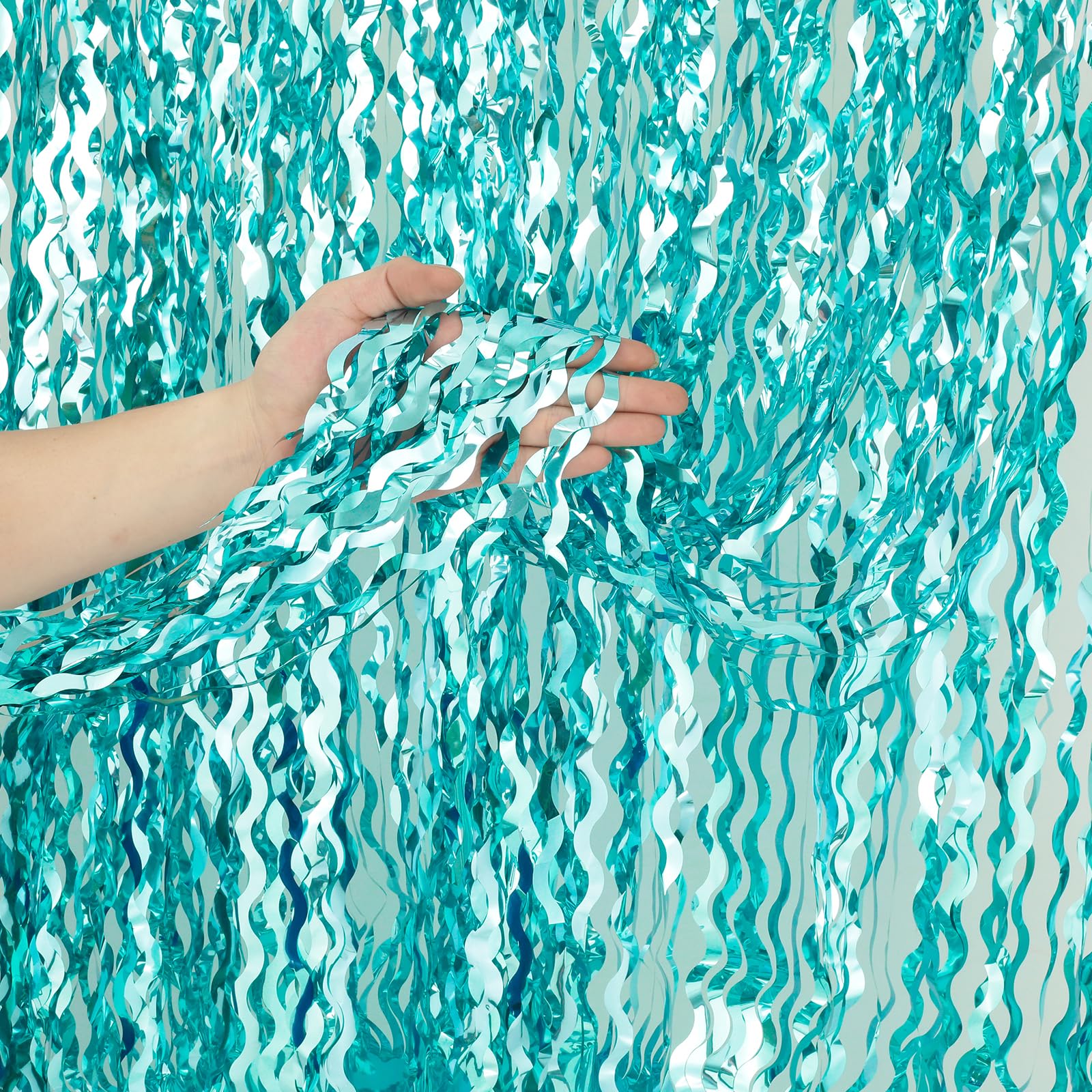 4 Pack 3.3 Ft X 6.6 Ft Wavy Aqua Teal Blue Tinsel Foil Fringe Curtains Backdrop   Wave Metallic Foil Curtains For Wedding Girl P