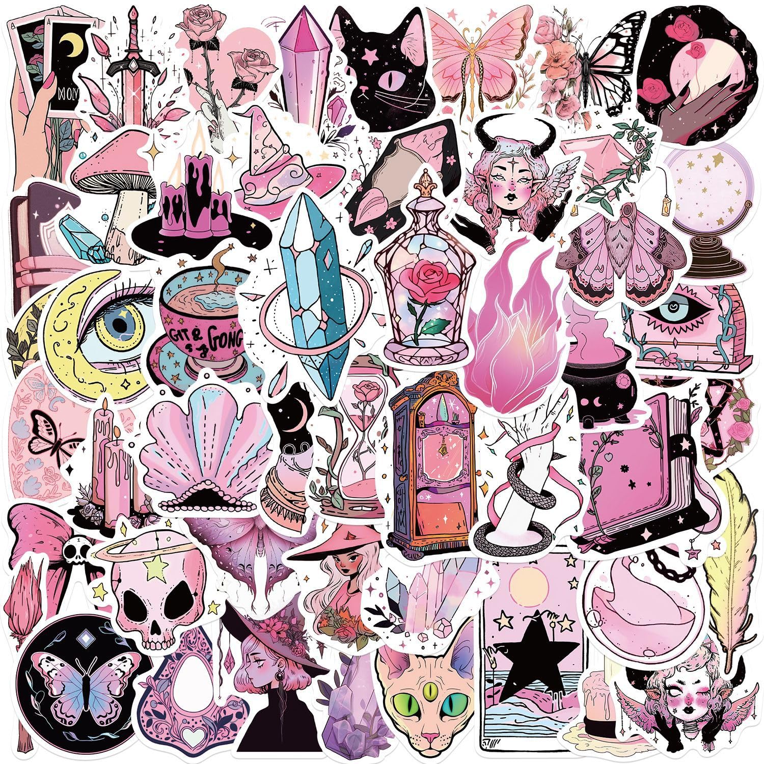 Yoksas Gothic Pink Witch Stickers   50Pcs Waterproof Pastel Goth Astrology Witchy Stickers For Scrapbook,Laptop, Water Bottle,No