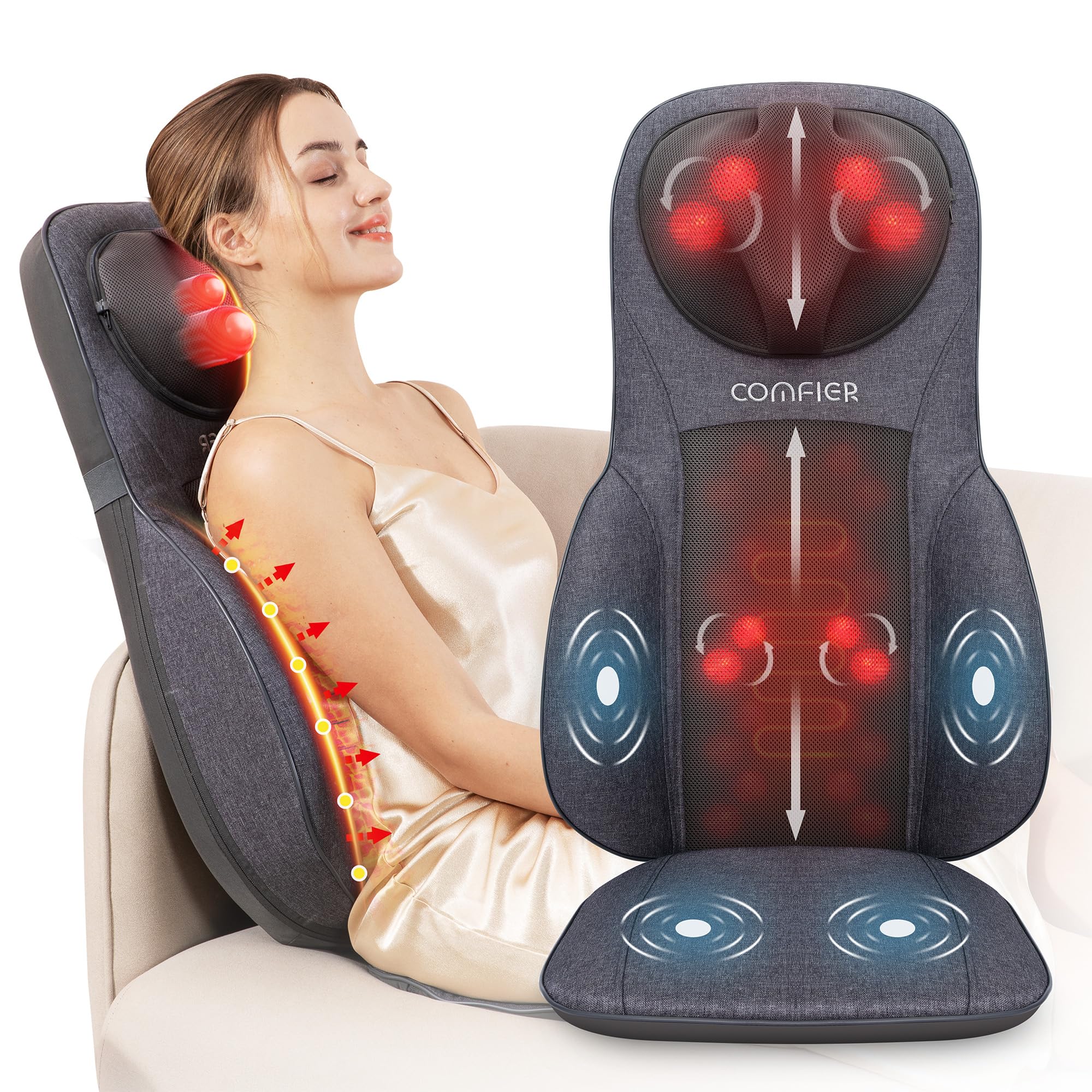 COMFIER Neck Back Massager with Heat, Height Adjustable Chair Massager Seat Cushion for Neck Shoulders, Shiatsu Massage Chair Pa