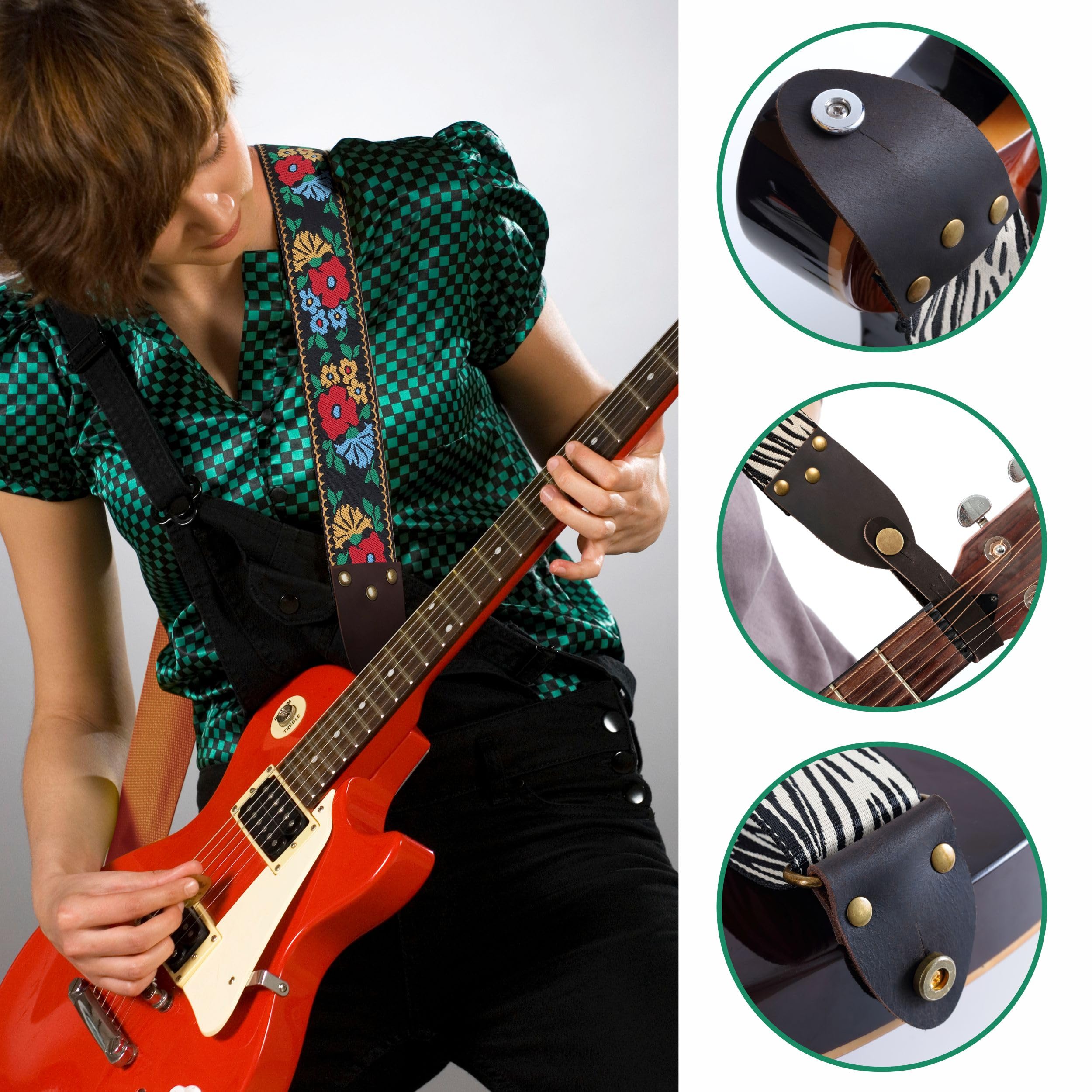 Nefelibata Guitar Strap,Vintage Jacquard Embroidery Cotton Guitar Straps With Full Grain Leather Ends For Electric,Acoustic,Come