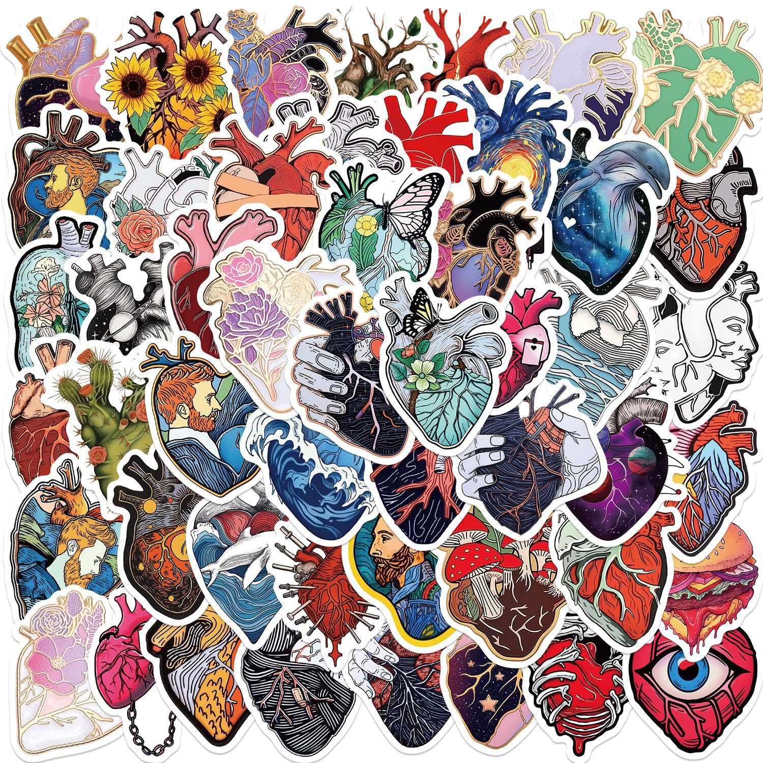 Yoksas 52Pcs Anatomical Heart Artistic Stickers   Waterproof Vinyl Human Organs Anatomy Aesthetic Heart Stickers For Water Bottl