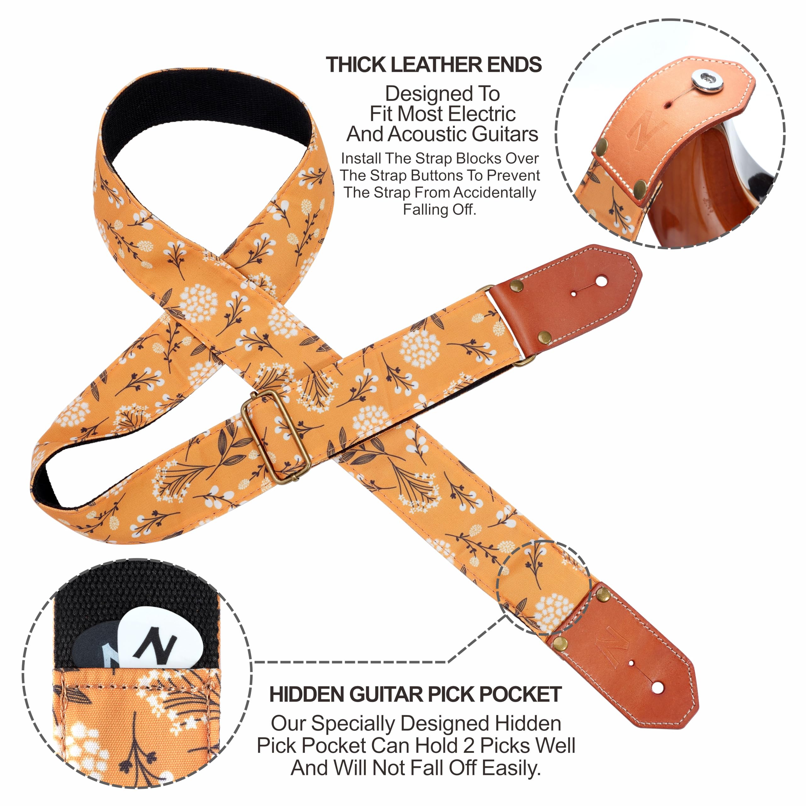 Nefelibata Guitar Strap Cotton With Thicked First Layer Vegetable Tanned Cowhide Leather Ends For Acoustic, Bass, Electric Guita