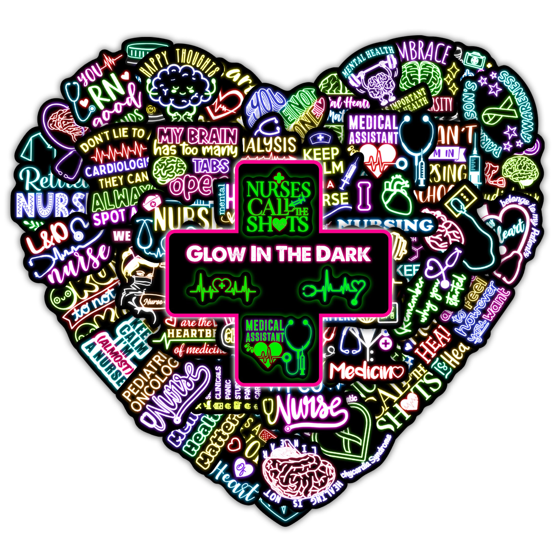 50 Pcs Glow In The Dark Inspirational Quotes Neon Water Bottle Stickers, Creative Nurse Doctor Themed Waterproof Vinyl Laptop De