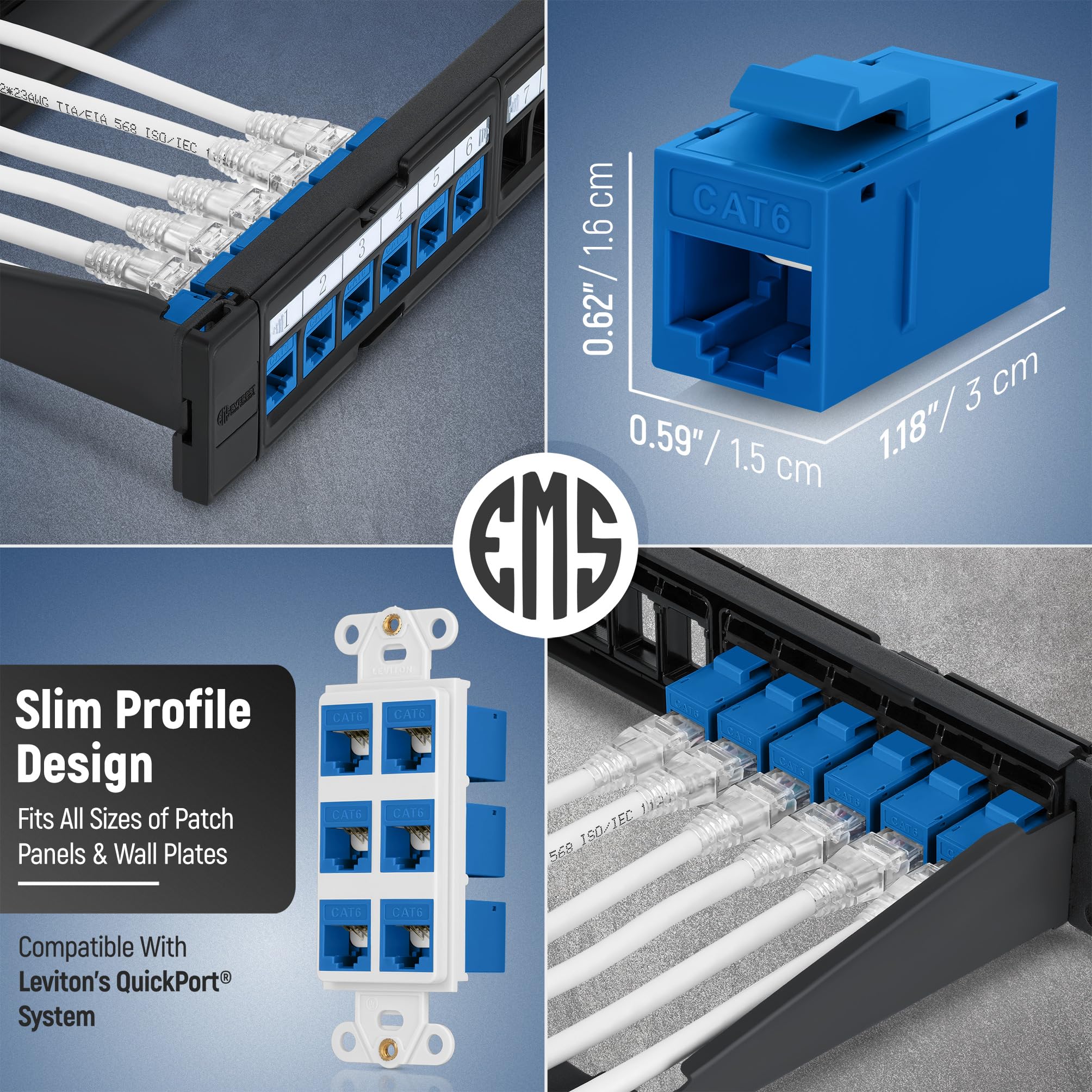 Everest Media Solutions Rj45 Cat6 Keystone Coupler In Blue   24 Pack   Female To Female Ethernet Keystone Jack For Standard Wall