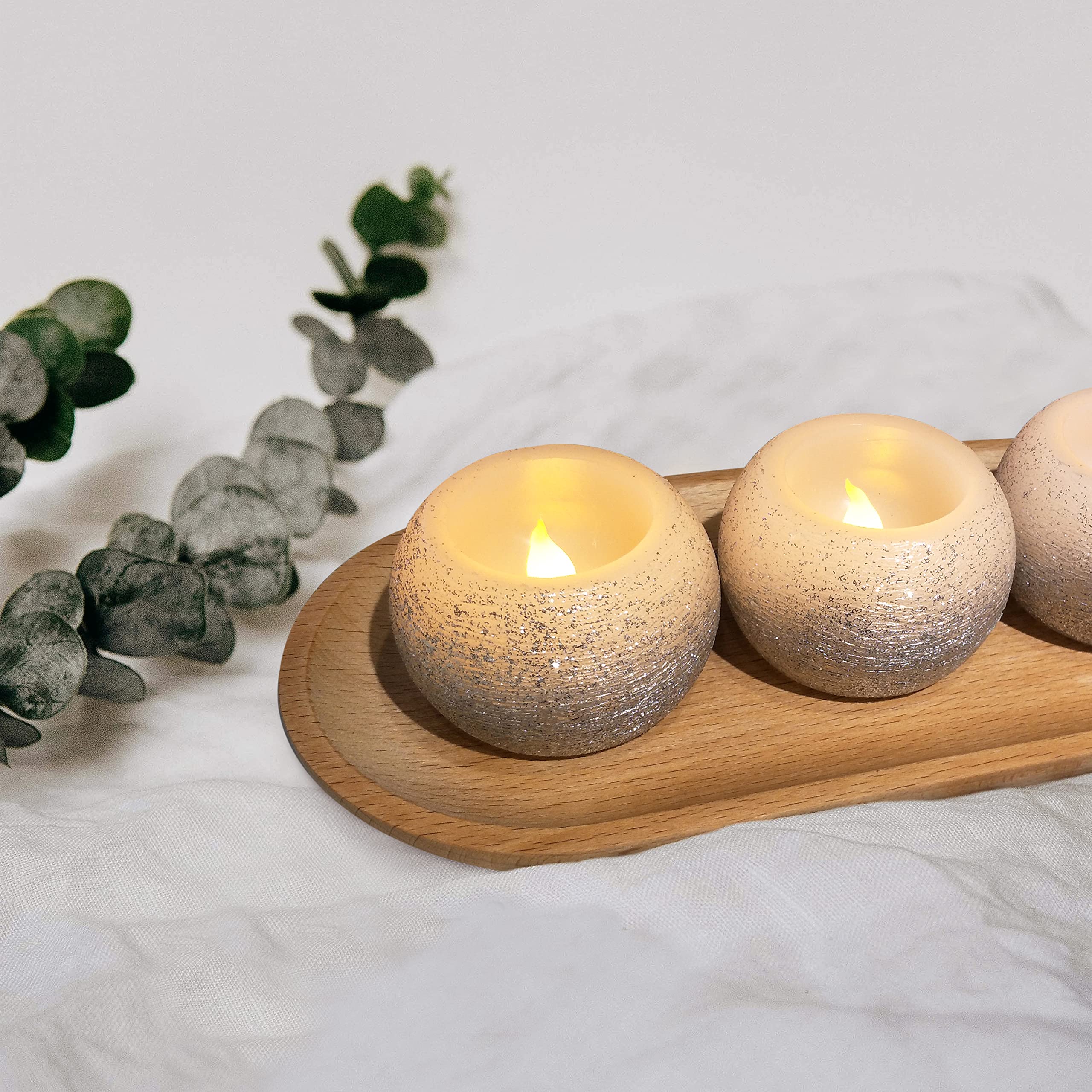 Furora Lighting Silver Glittery Real Wax Flameless Candles Pack Of 3, Led Flickering Round Candles Perfect For Wedding D  Cor, 2