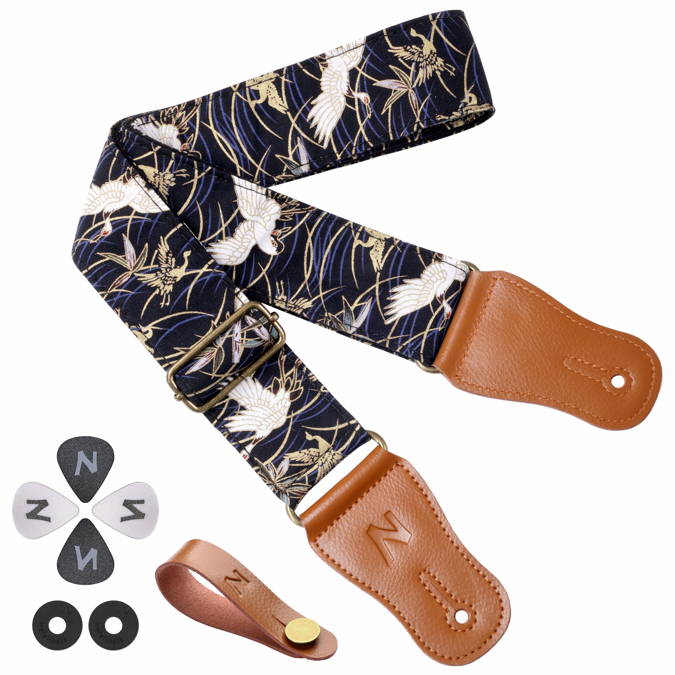 Nefelibata Guitar Strap,Japan Hot Bronzing Cotton Acoustic Guitars Straps With Genuine Leather Ends For Electric Guitar,Bass & U