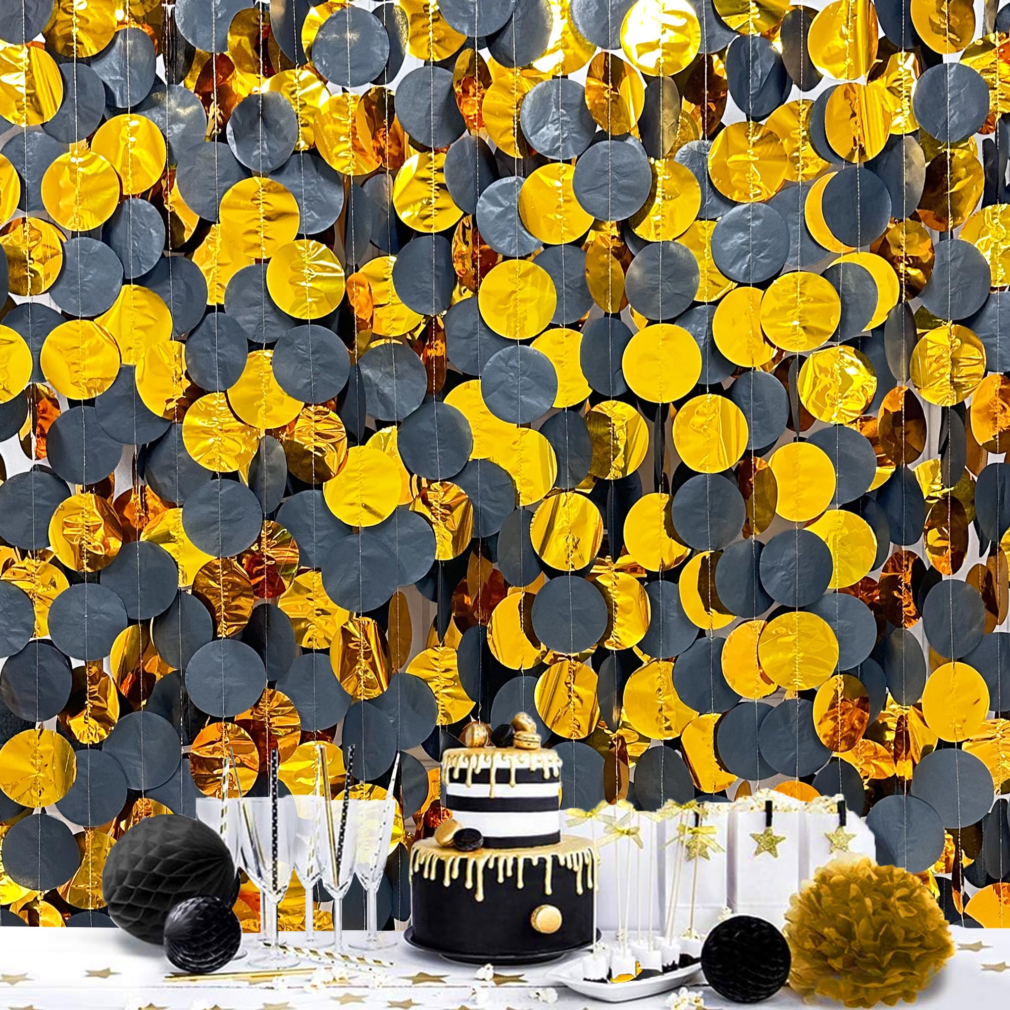 205Ft Black Gold Party Decorations Circle Dot Garland Backdrop Black Tissue Paper Gold Foil Polka Dot Streamer For Graduation Bi