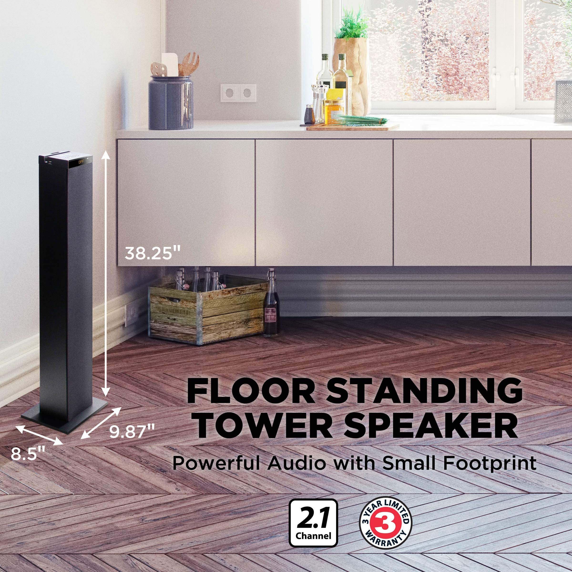 Gogroove Bluetooth Tower Speaker With Subwoofer Built In   Floorstanding Home Speaker With Powerful Bass And Dual Drivers, 120W