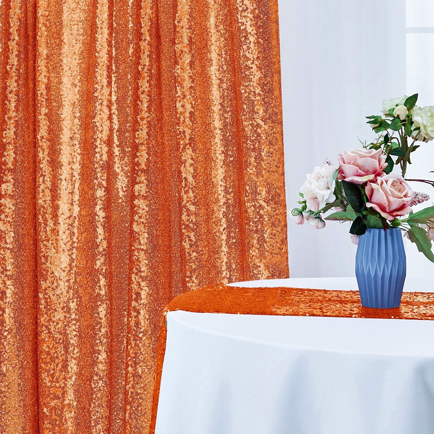 2  8Ft 2Pcs Orange Sequin Backdrop Curtains Panels, Photography Backdrop Glitter Curtains Fabric Background For Christmas Weddin
