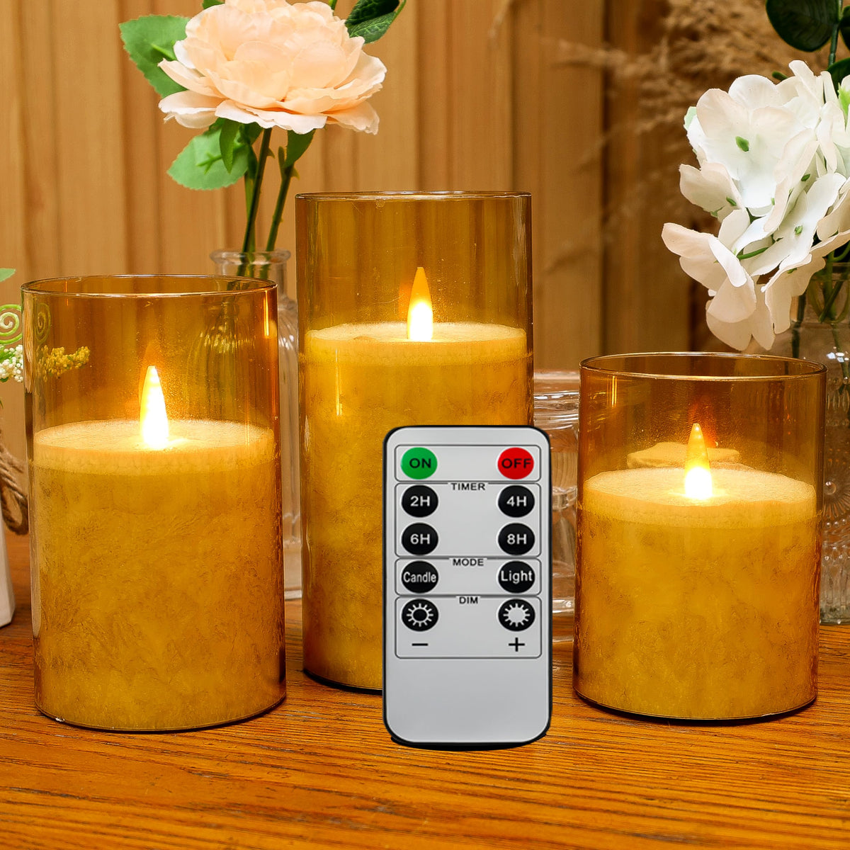 Across Amber Gold Flameless Candles With Remote Control, Battery Operated Candles Led Pillar Fake Candle With Timer, 4'' 5'' 6''