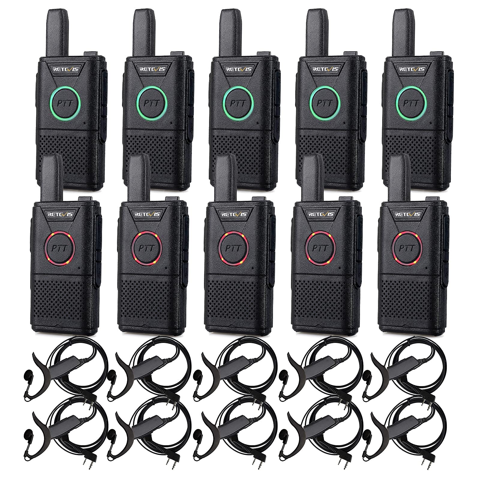 Retevis RT18 Walkie Talkies with Earpiece,2 Way Radios Long Range,Dual PTT,Short Antenna,Center Led, Compact, Rechargeable Two W