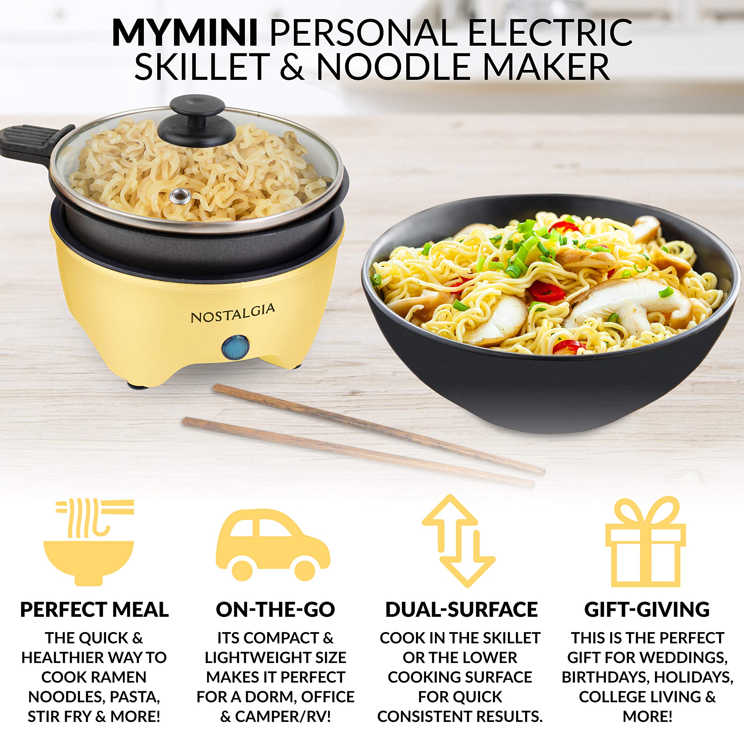 Nostalgia Mymini Personal Electric Skillet & Rapid Noodle Maker, Perfect For Healthy Keto & Low Carb Diets, Yellow