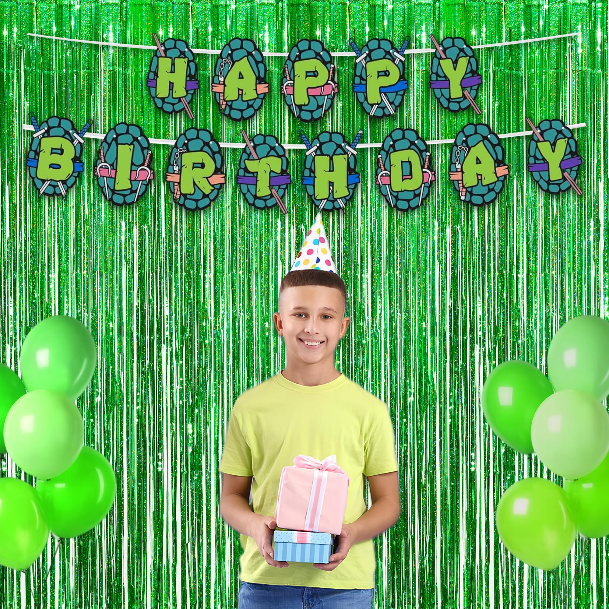 Green Tinsel Curtain Party Backdrop   Greatril Foil Fringe Streamers For St Patricks Day/Luau/Turtle/Hawaiian/Dinosaur/Ghost/Foo