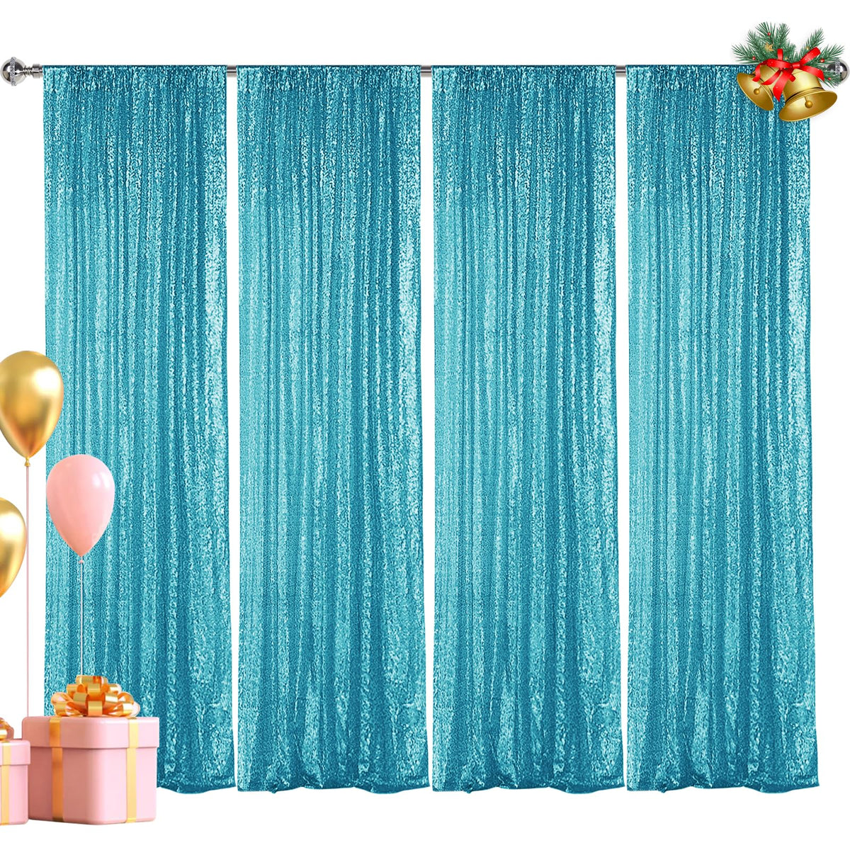 Hahuho Turquoise Sequin Backdrop Curtain, 4Pcs 2Ftx8Ft Glitter Backdrop Curtain For Parties, Christmas, Wedding, Party Decoratio