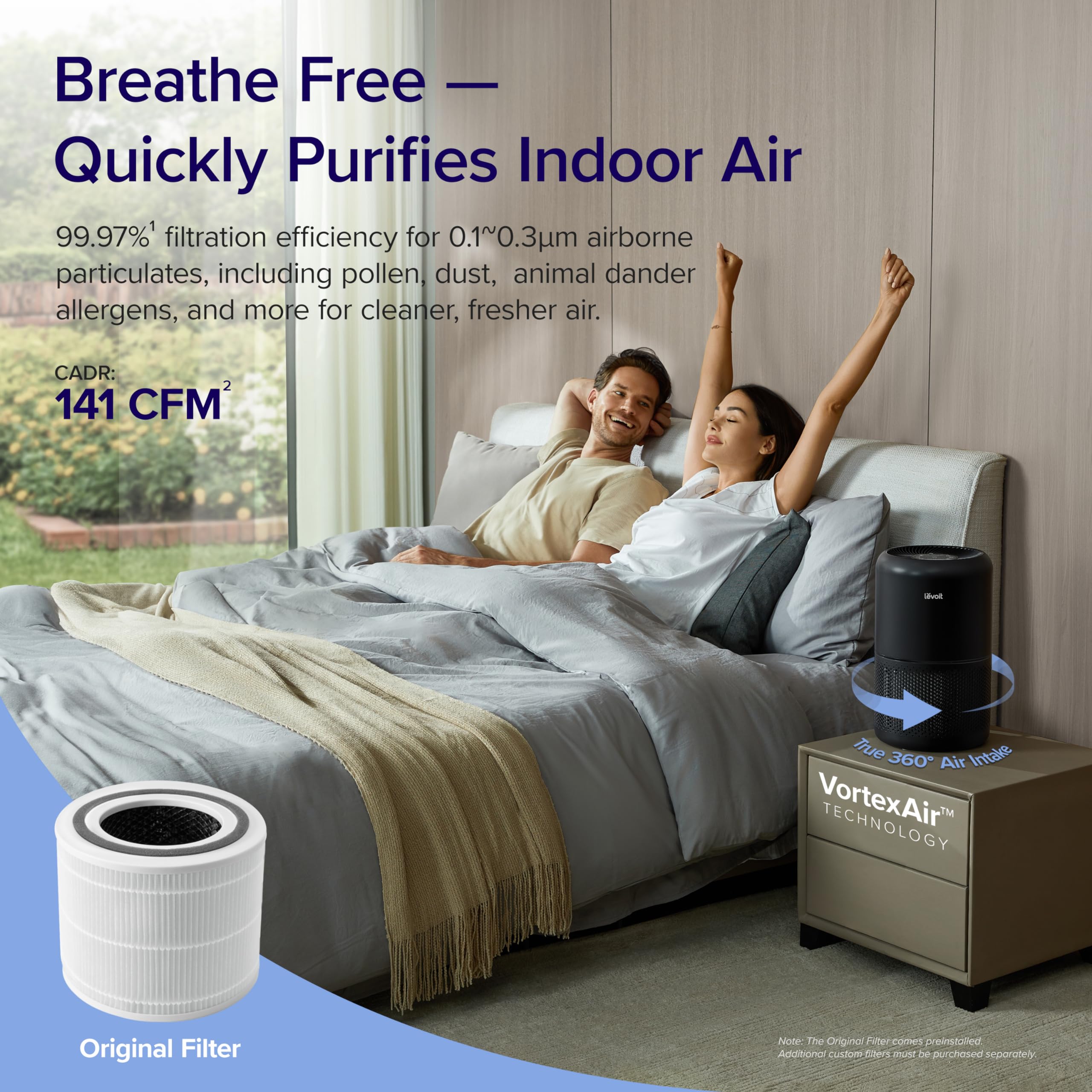Levoit Air Purifier For Home Allergies Pets Hair In Bedroom, Covers Up To 1095 Ft By 45W High Torque Motor, 3 In 1 Filter, Sleep