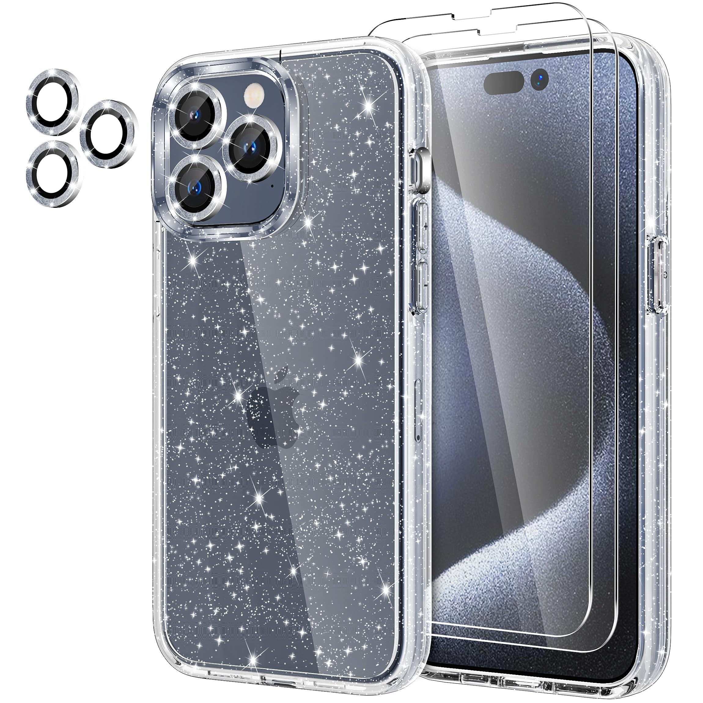 Jasmeas Design For Iphone 15 Pro Case Clear Glitter, With [2 Pack] Screen Protector & [3 Pack] Camera Lens Protector Sparkle Pc