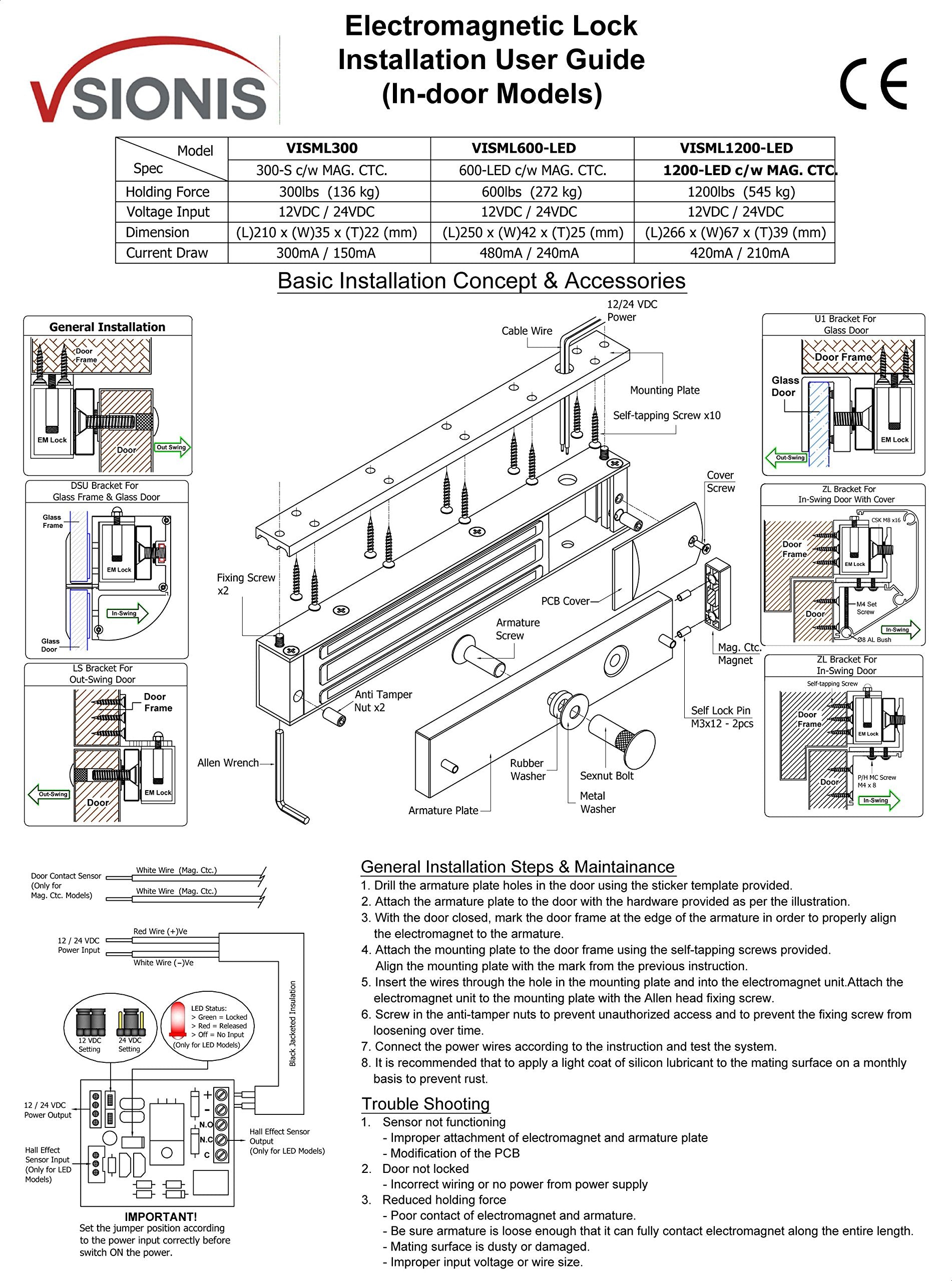 Visionis Fpc 5224 300Lbs Indoor Electromagnetic Lock With 300 Lbs U Bracket For Glass Door For Access Control