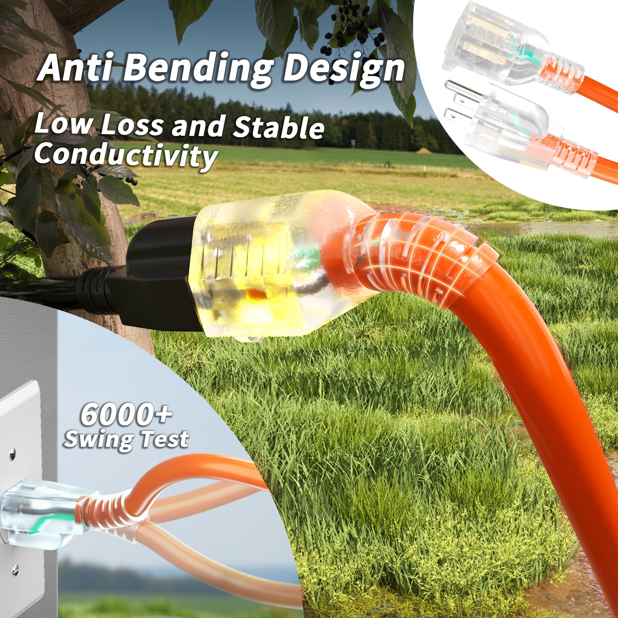 Plugsaf 6 Ft 2 Pack 12/3 Gauge Heavy Duty Outdoor Extension Cord Waterproof With Lighted, Flexible Cold Weather 3 Prong Electric