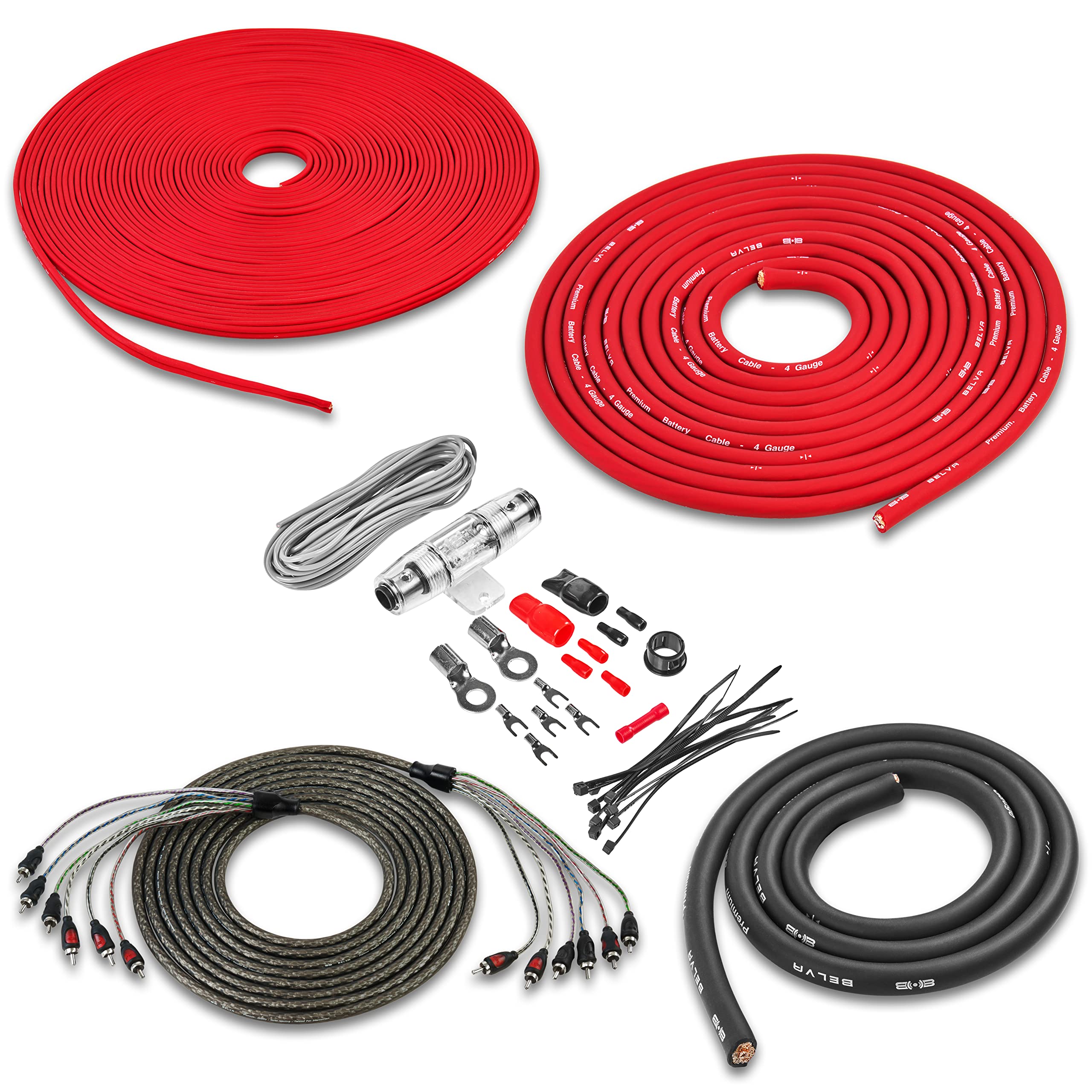 Belva True 4 Gauge Awg Premium Cca Complete Amplifier Wiring Kit With Ofc 5/6 Channel Rca Cable   Bak46 Red