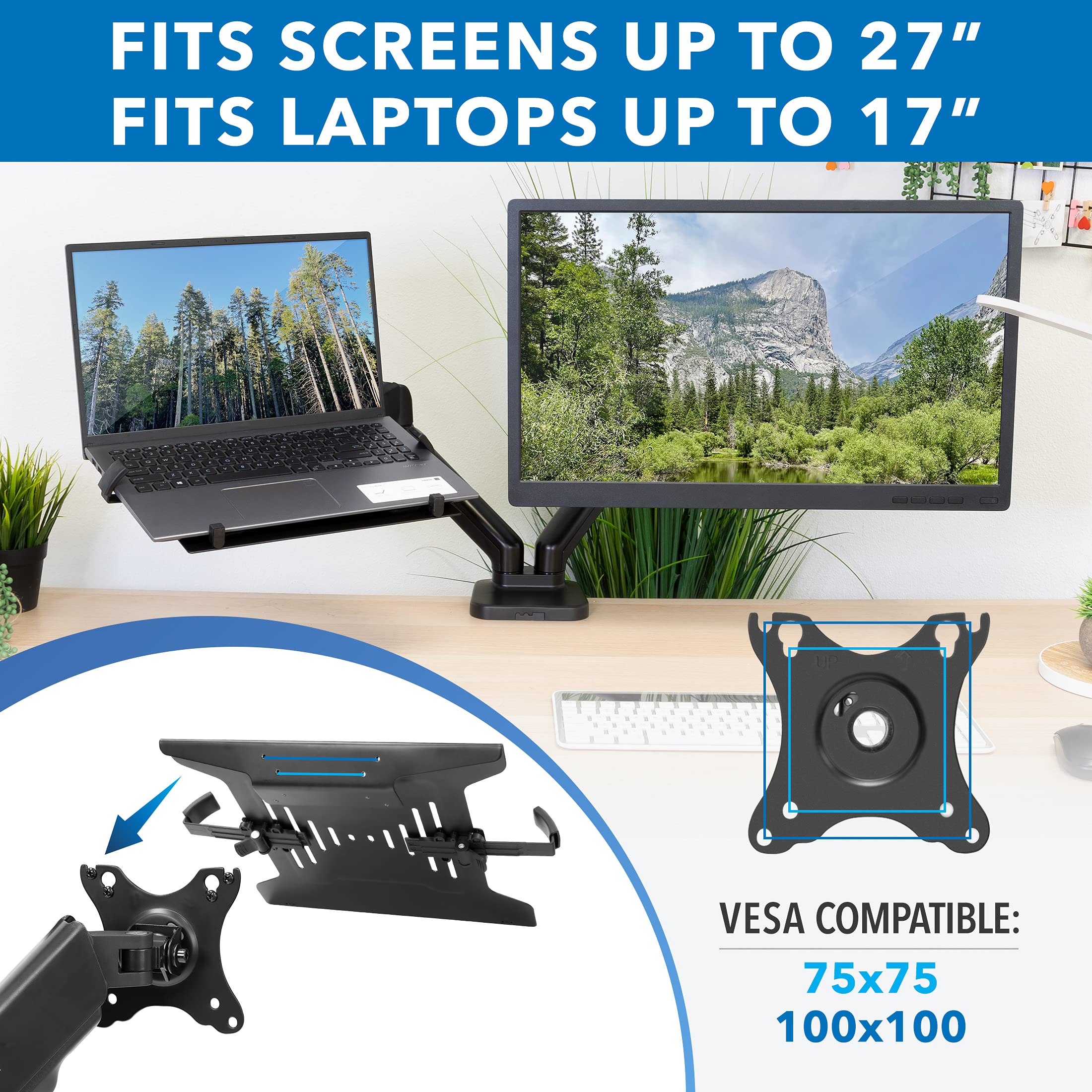 Mount It! Laptop and Monitor Desk Stand   Full Motion Laptop Arm Stand   Ergonomic Adjustable Monitor Mount   VESA Monitor Desk Mount with Laptop Tray