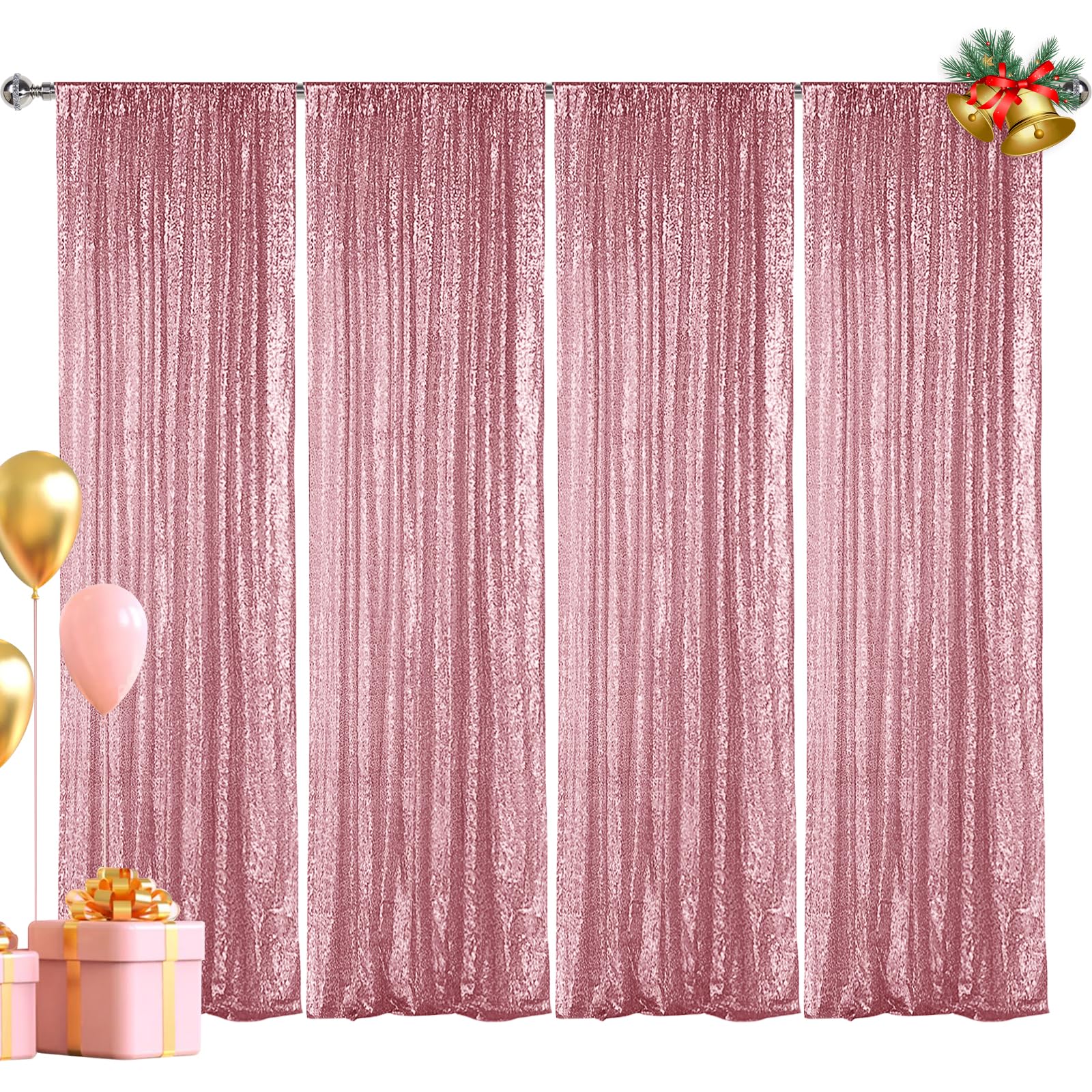Hahuho Rose Pink Sequin Backdrop Curtain, 4Pcs 2Ftx8Ft Glitter Backdrop Curtain For Parties, Christmas, Wedding, Banquet Decorat